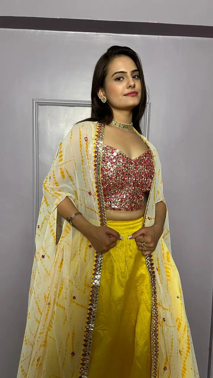 Yellow Kasturi Silk Indo Western Lehenga Set With Thread & Foil Mirror Work | Ready To Wear - qivii