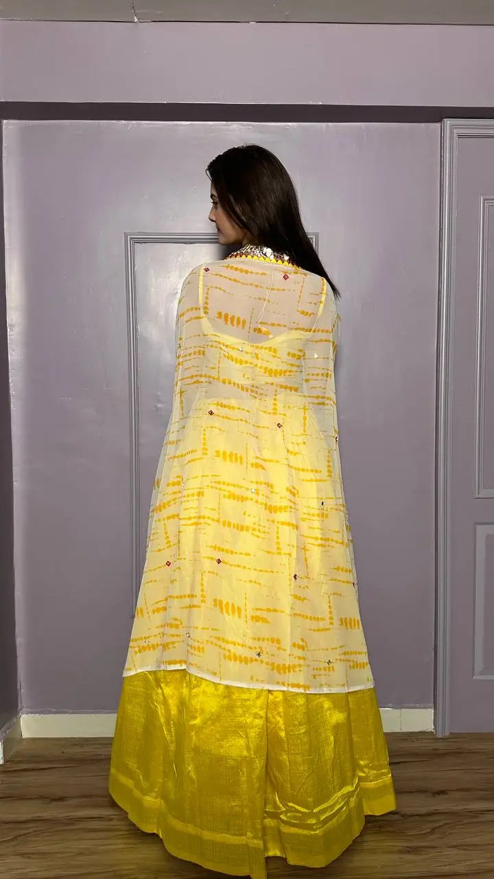 Yellow Kasturi Silk Indo Western Lehenga Set With Thread & Foil Mirror Work | Ready To Wear - qivii