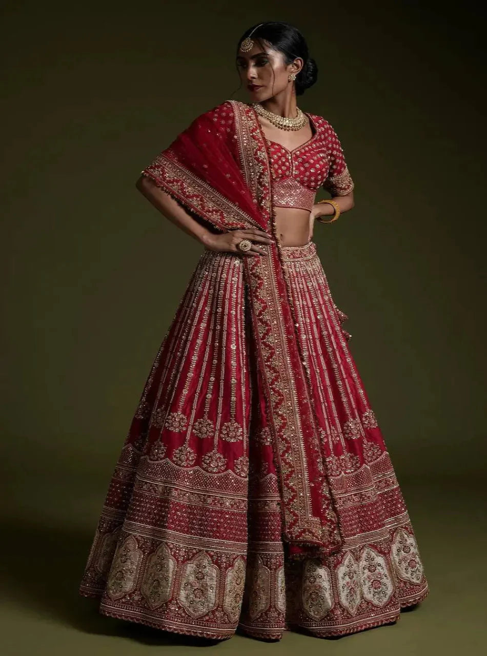 Red Rangoon Silk Sequence, Thread & Dori Work Lehenga Choli | Ready To Wear - qivii