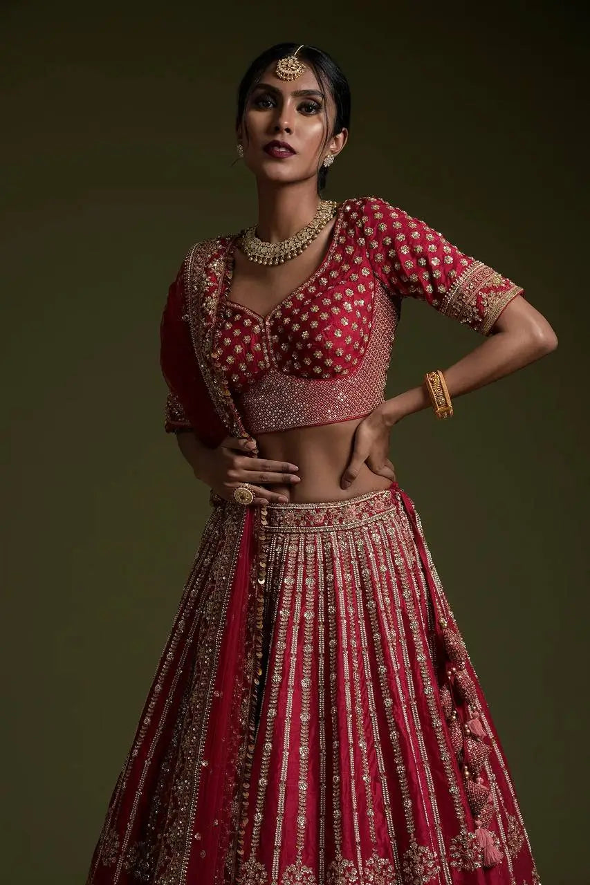 Red Rangoon Silk Sequence, Thread & Dori Work Lehenga Choli | Ready To Wear - qivii
