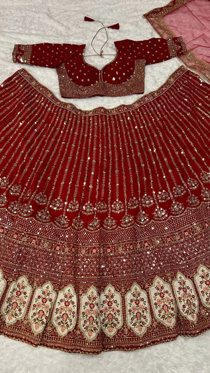 Red Rangoon Silk Sequence, Thread & Dori Work Lehenga Choli | Ready To Wear - qivii