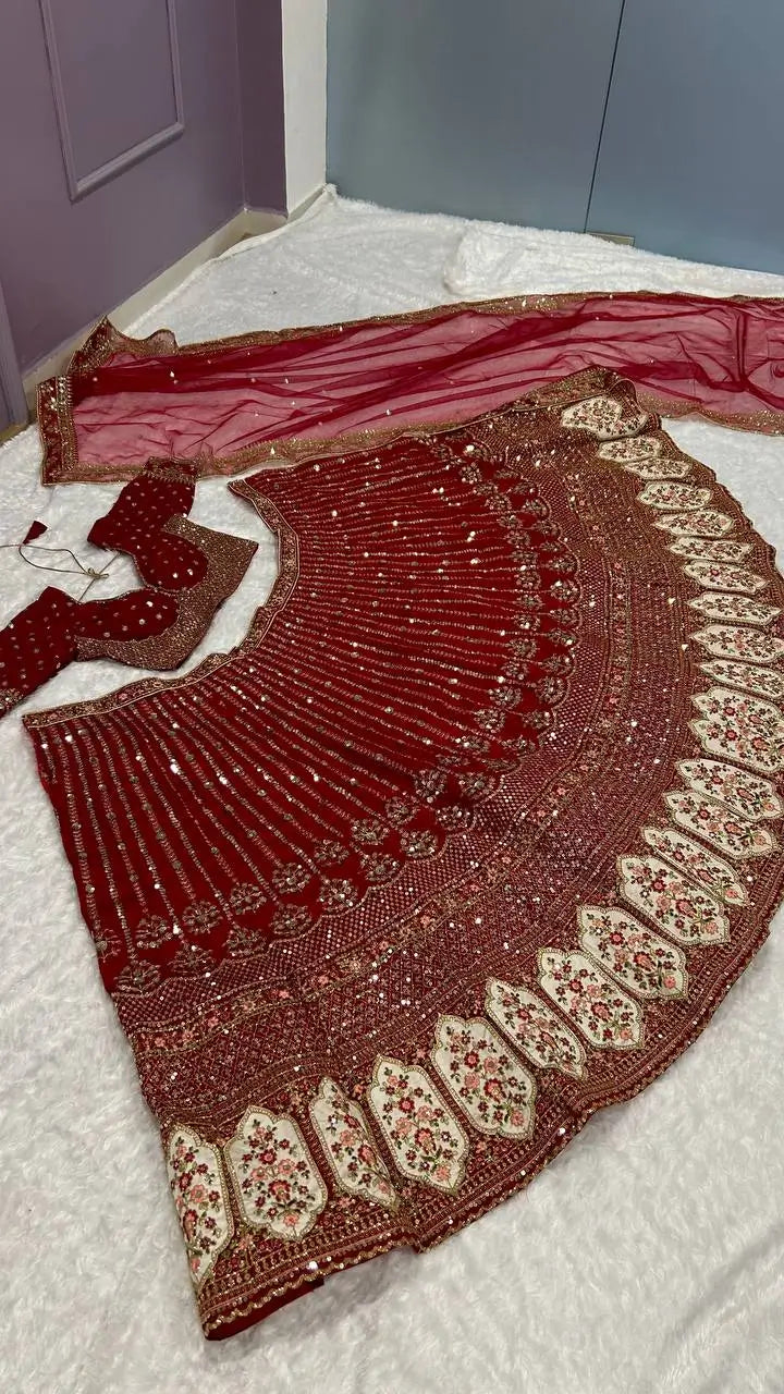 Red Rangoon Silk Sequence, Thread & Dori Work Lehenga Choli | Ready To Wear - qivii