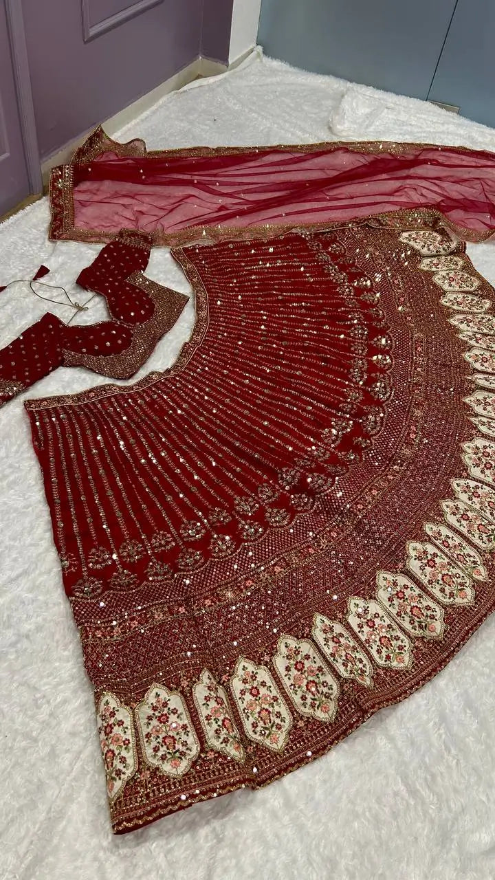 Red Rangoon Silk Sequence, Thread & Dori Work Lehenga Choli | Ready To Wear - qivii
