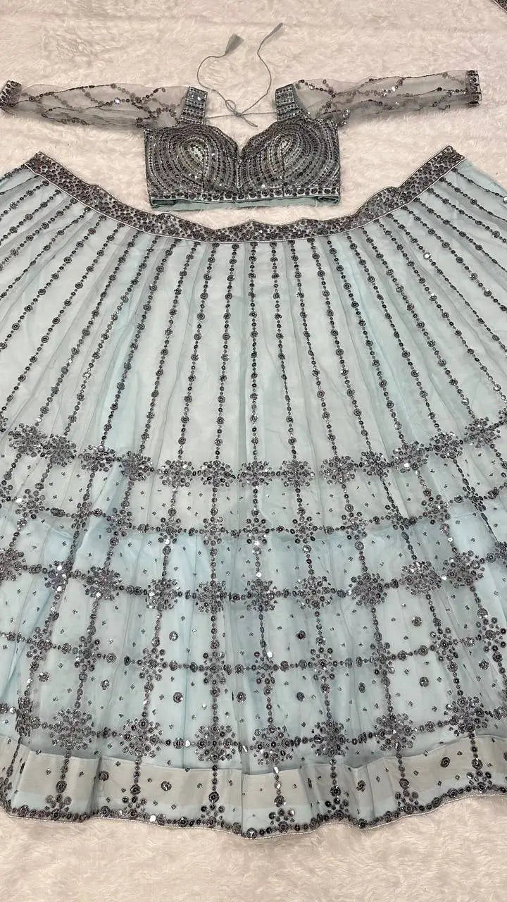 Sky Blue Net Sequence Work Lehenga Choli | Ready To Wear - qivii