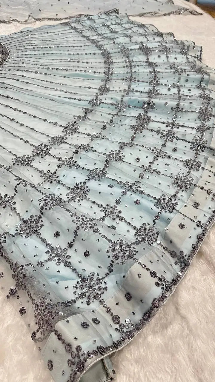 Sky Blue Net Sequence Work Lehenga Choli | Ready To Wear - qivii
