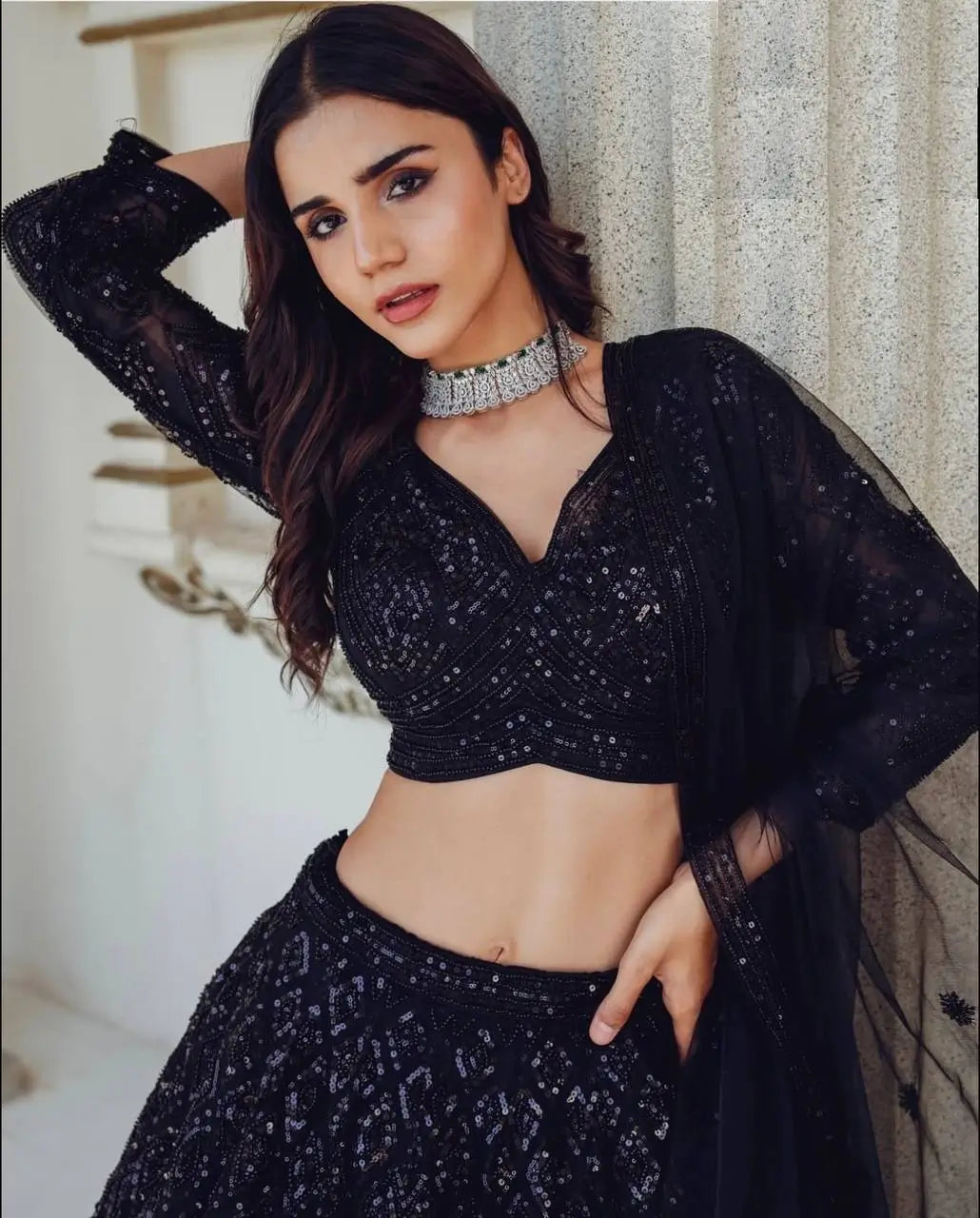 Black Georgette Sequence & Dori Work Lehenga Choli | Ready To Wear - qivii