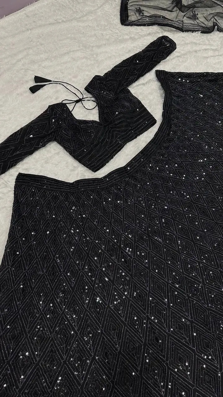 Black Georgette Sequence & Dori Work Lehenga Choli | Ready To Wear - qivii