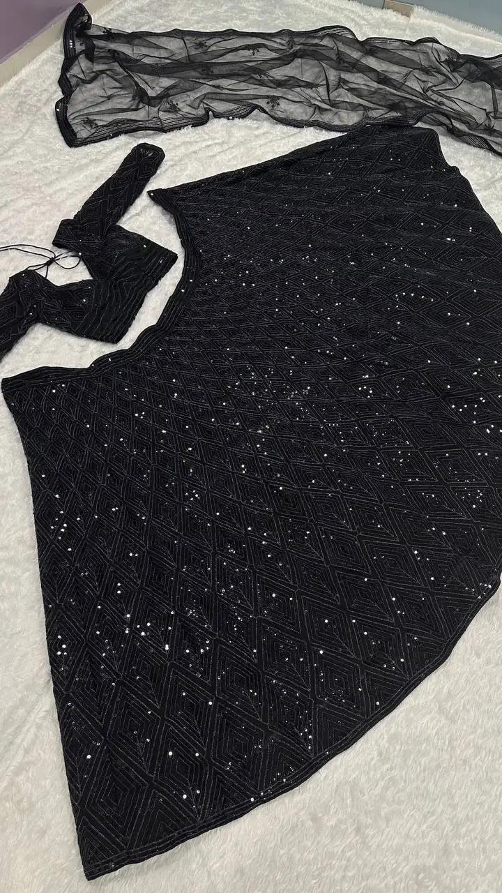 Black Georgette Sequence & Dori Work Lehenga Choli | Ready To Wear - qivii