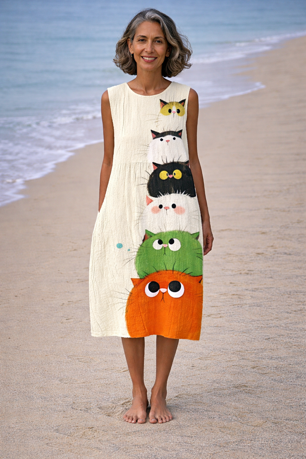 Zoé | Midi-jurk met schattige kattenprint - By Qivii