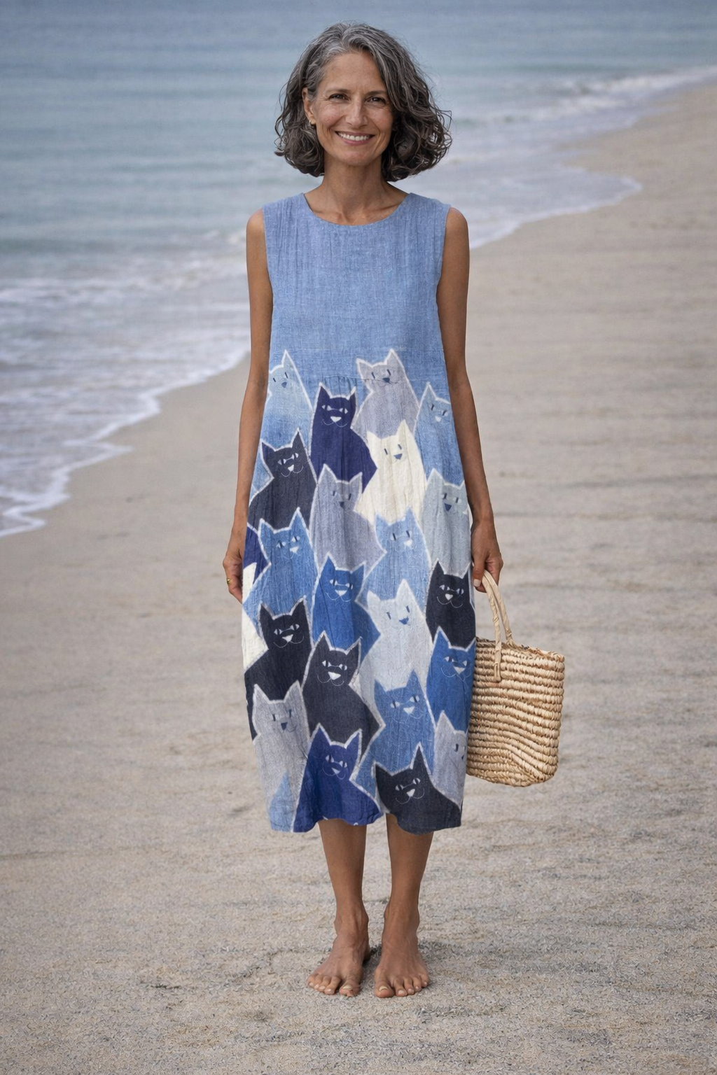 Avellana | Midi-jurk met kunst patchwork van katten - By Qivii