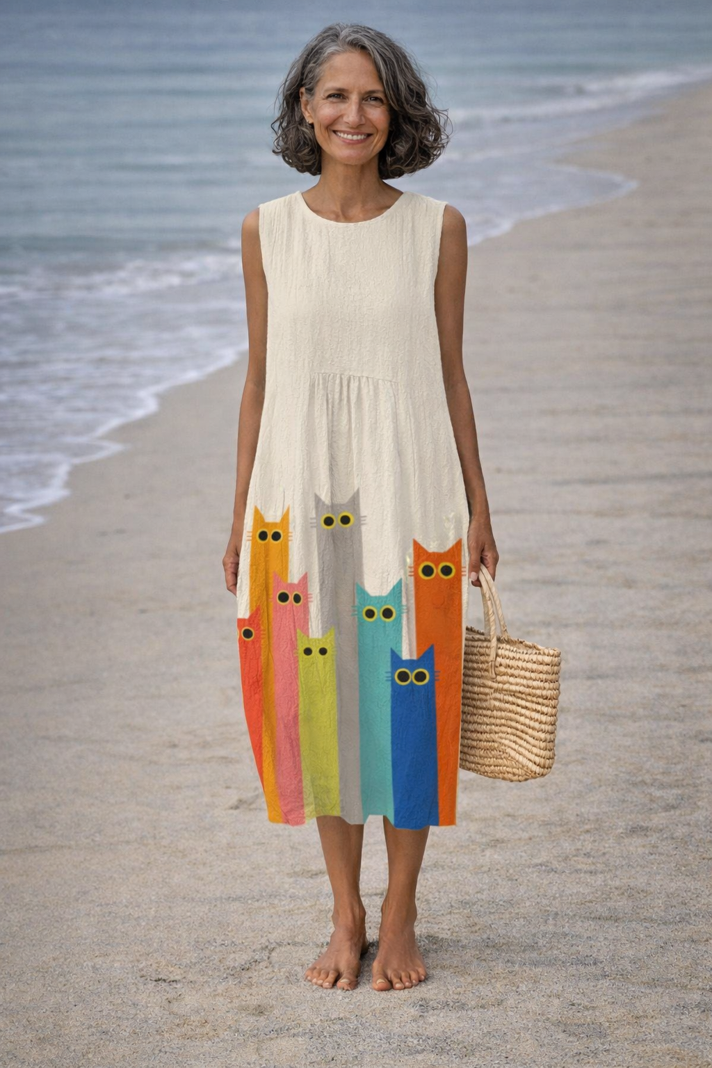 Penélope | Midi-jurk met kleurrijke kattenkunst - By Qivii