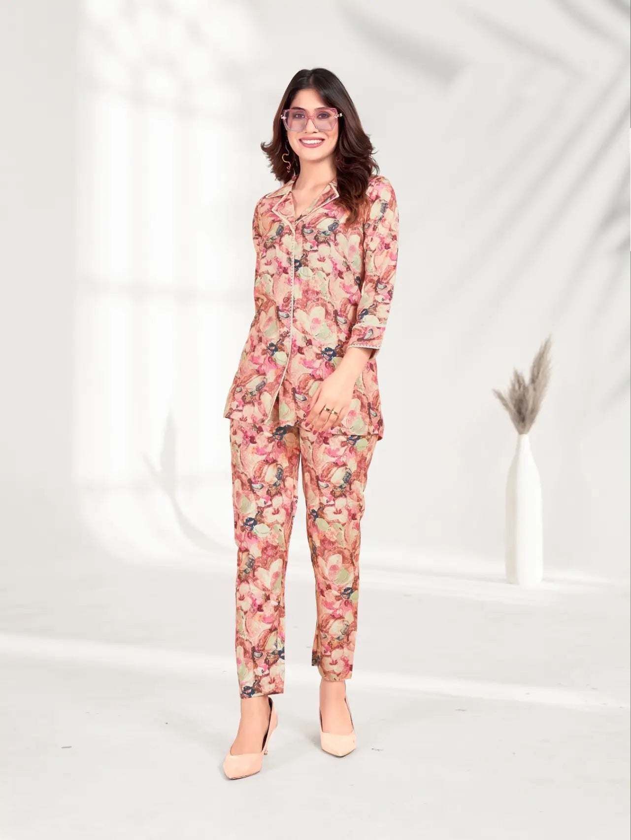 Peach Floral Co-ord Set. - qivii