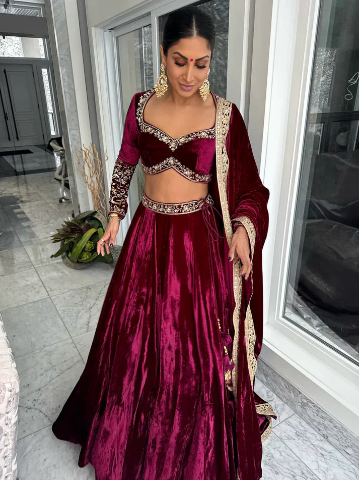 Wine Red Velvet Thread, Sequence & Dori Work Lehenga Choli | Ready To Wear - qivii