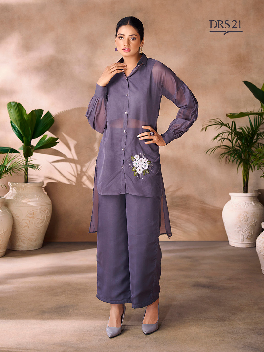 DARK GREY ORGANZA HANDWORK CO-ORD SET - qivii