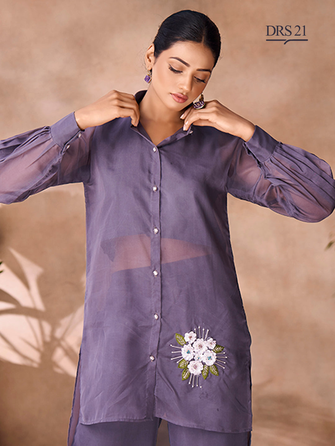 DARK GREY ORGANZA HANDWORK CO-ORD SET - qivii