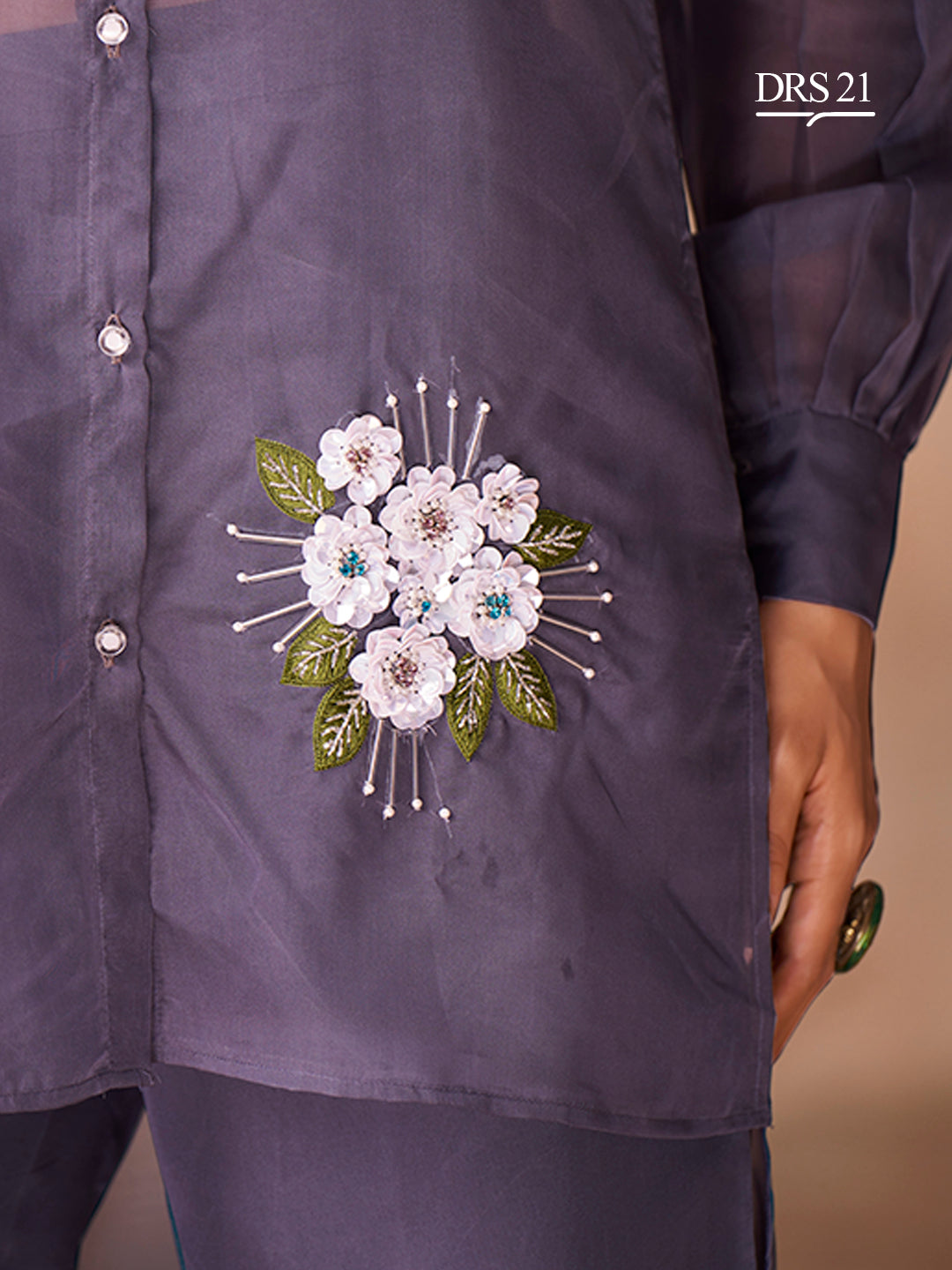 DARK GREY ORGANZA HANDWORK CO-ORD SET - qivii