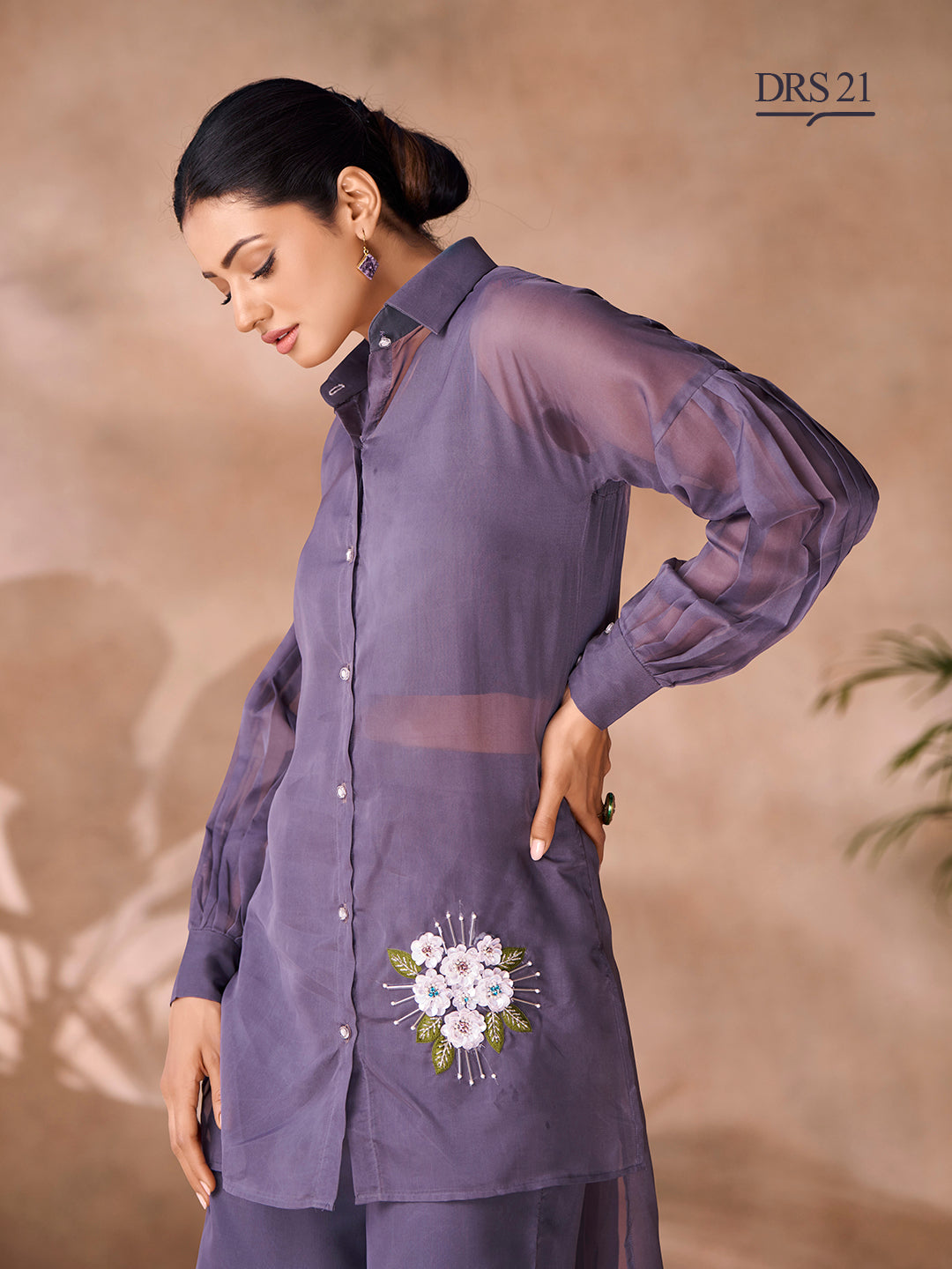 DARK GREY ORGANZA HANDWORK CO-ORD SET - qivii