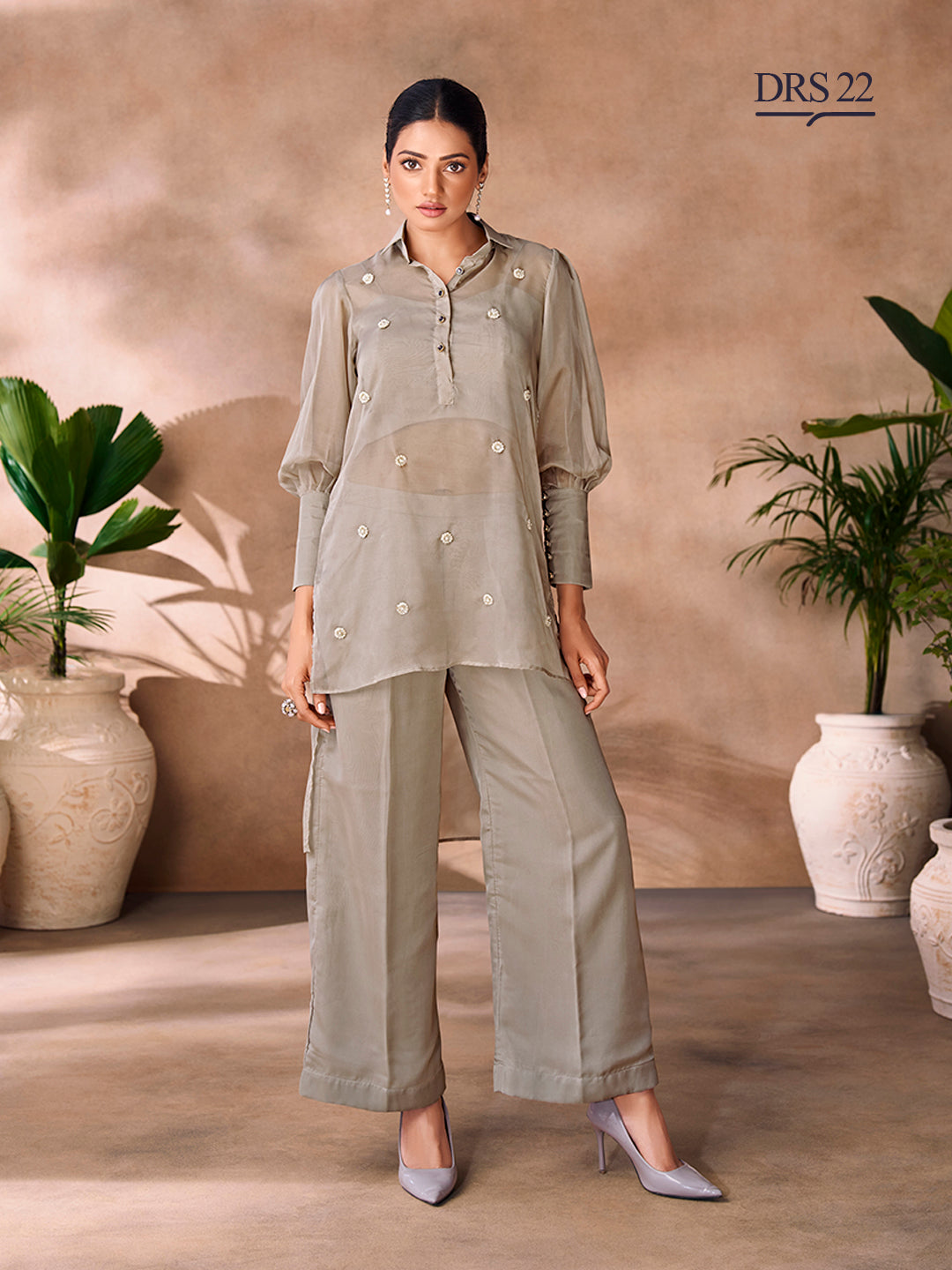 GREY ORGANZA HANDWORK CO-ORD SET - qivii