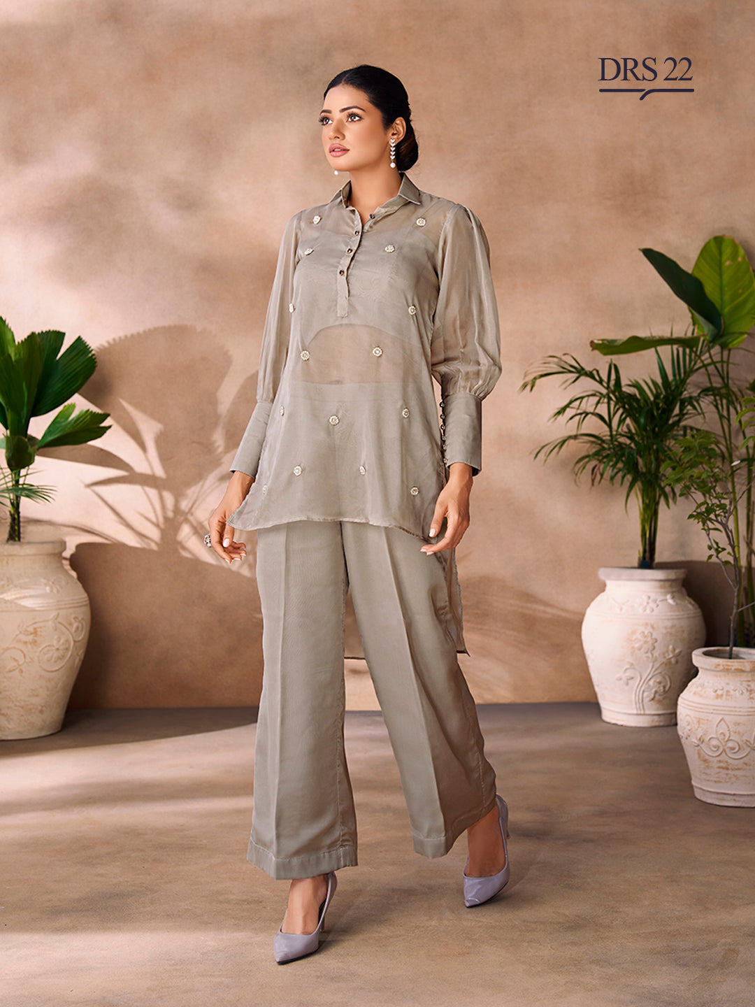 GREY ORGANZA HANDWORK CO-ORD SET - qivii