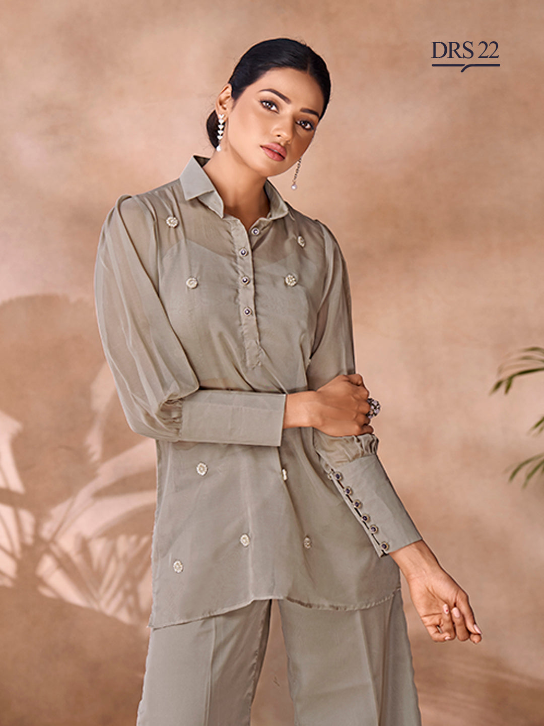 GREY ORGANZA HANDWORK CO-ORD SET - qivii