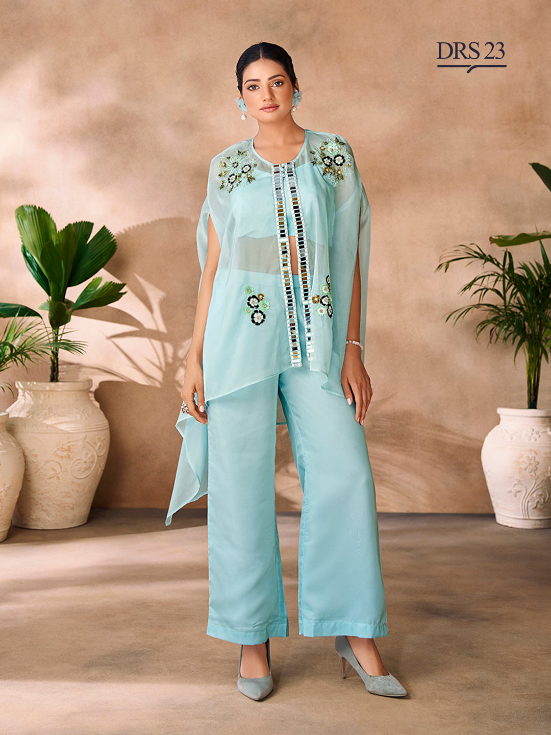 AQUA BLUE ORGANZA HANDWORK CO-ORD SET - qivii