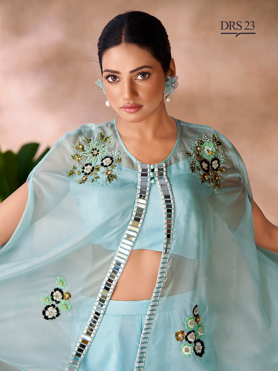 AQUA BLUE ORGANZA HANDWORK CO-ORD SET - qivii