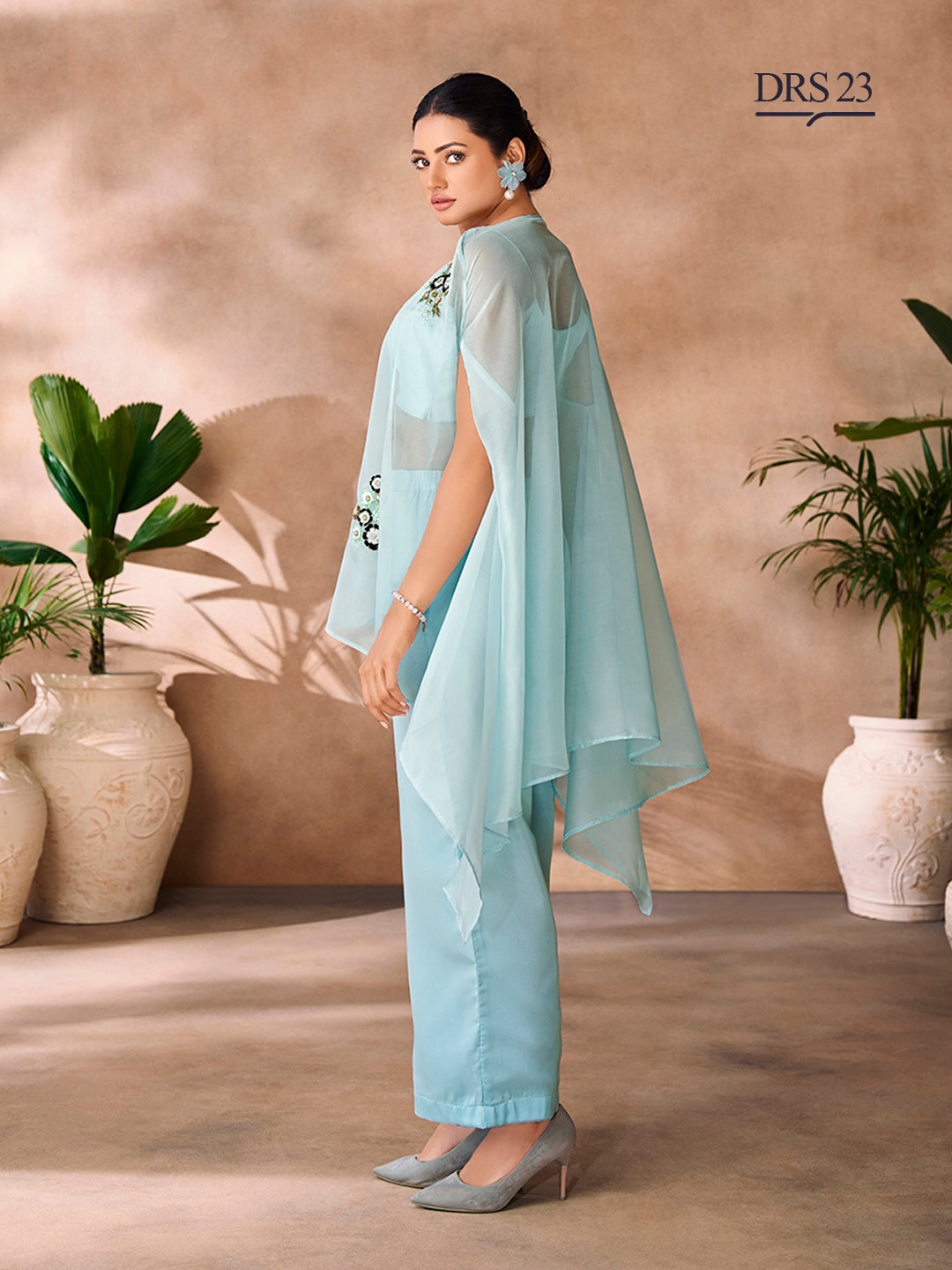 AQUA BLUE ORGANZA HANDWORK CO-ORD SET - qivii