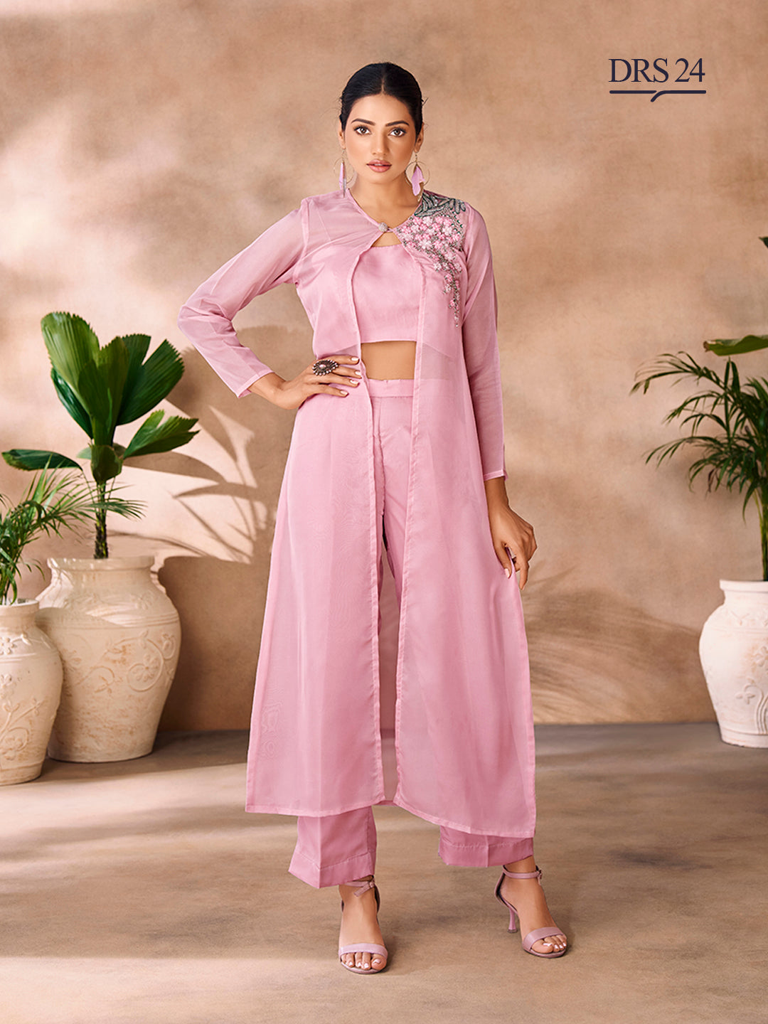 BABY PINK ORGANZA HANDWORK CO-ORD SET - qivii
