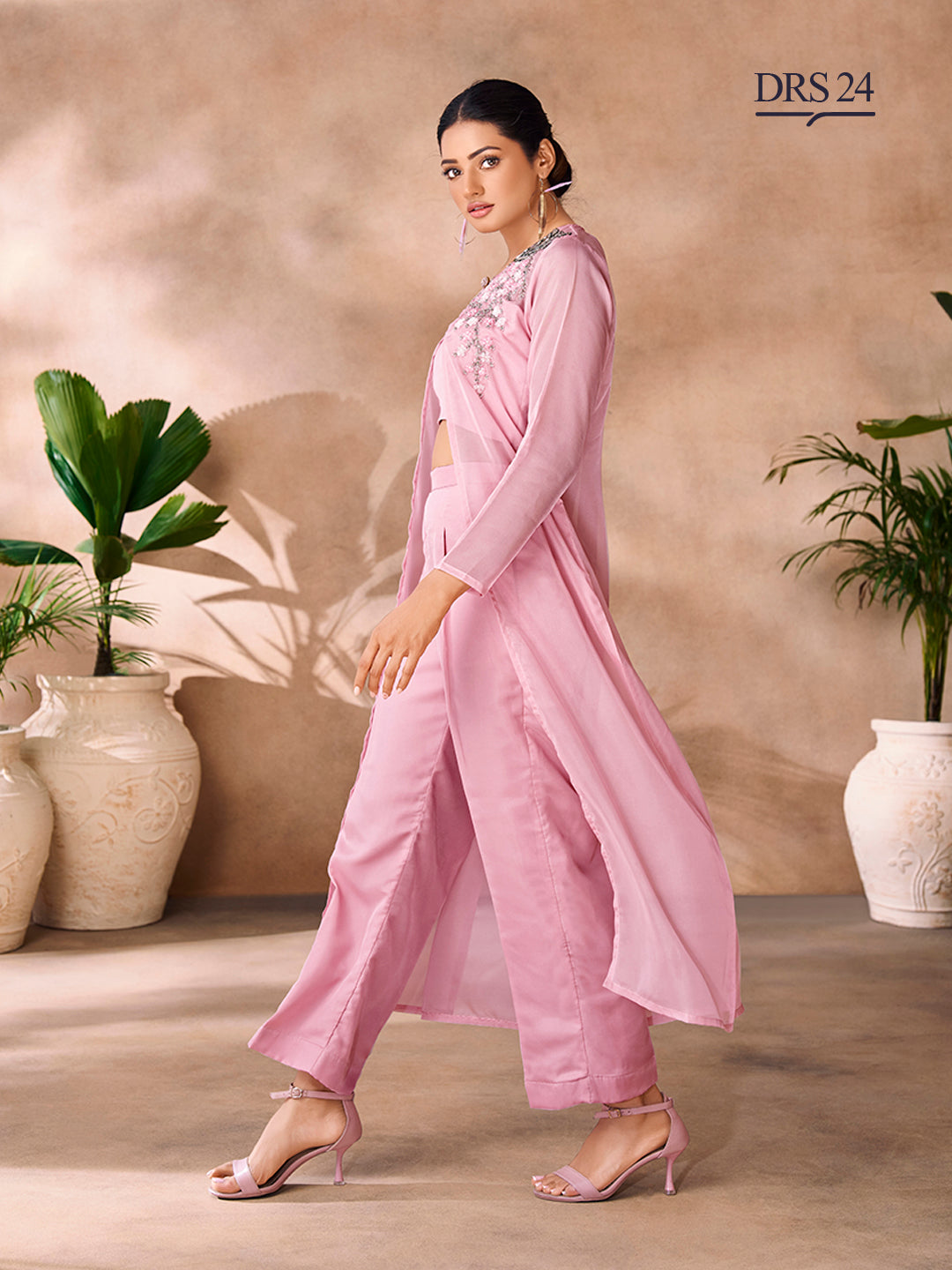 BABY PINK ORGANZA HANDWORK CO-ORD SET - qivii