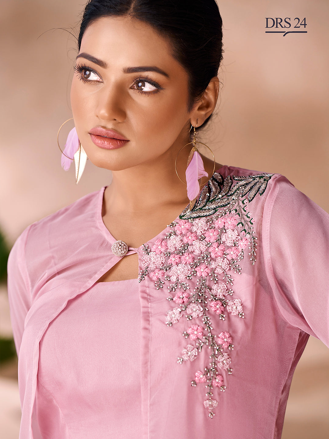 BABY PINK ORGANZA HANDWORK CO-ORD SET - qivii