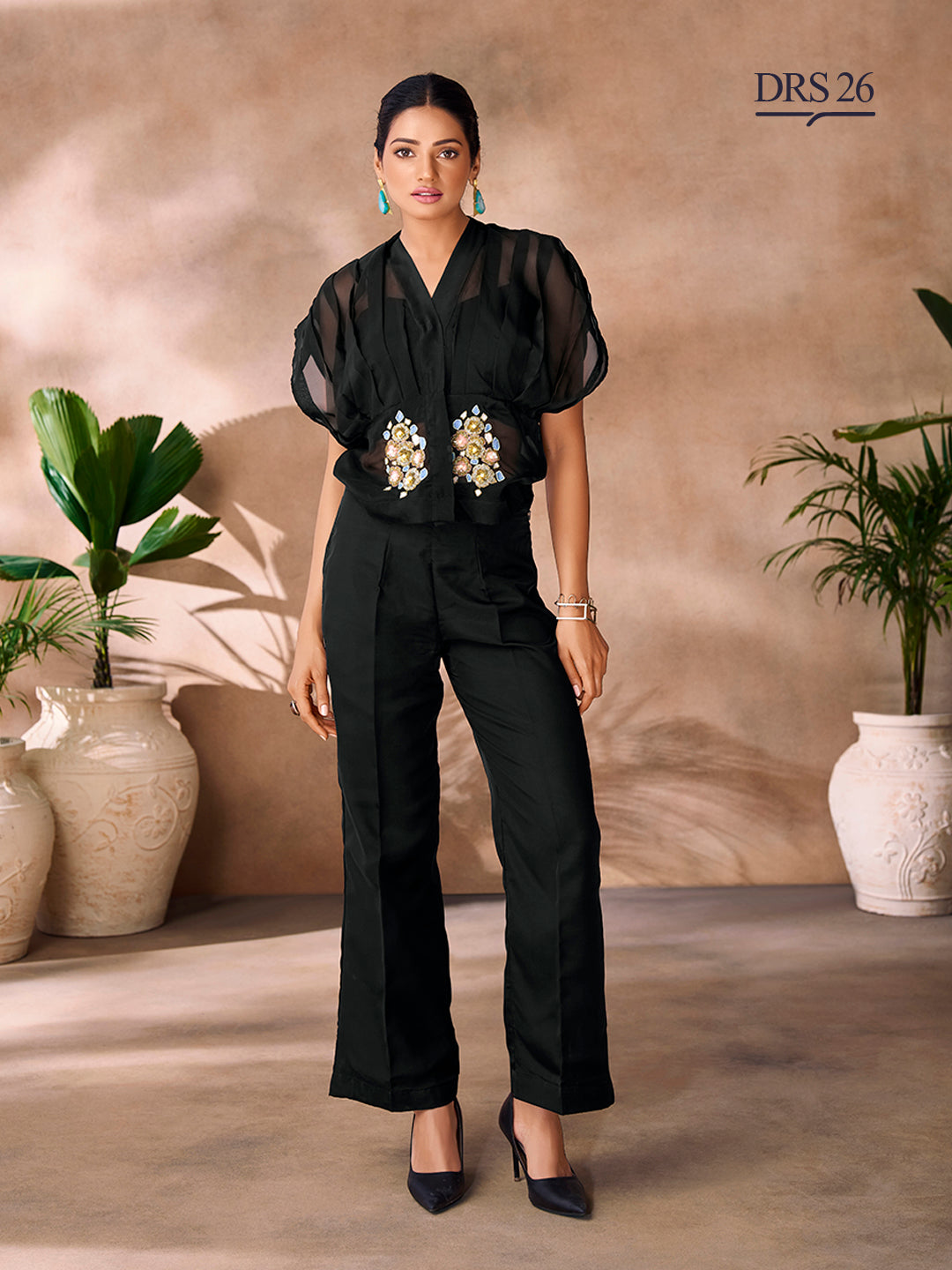 BLACK ORGANZA HANDWORK CO-ORD SET - qivii