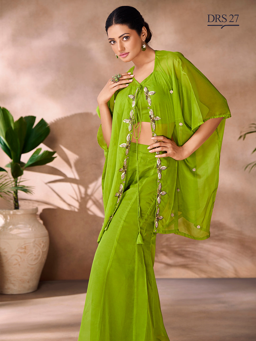 PARROT GREEN ORGANZA HANDWORK CO-ORD SET - qivii