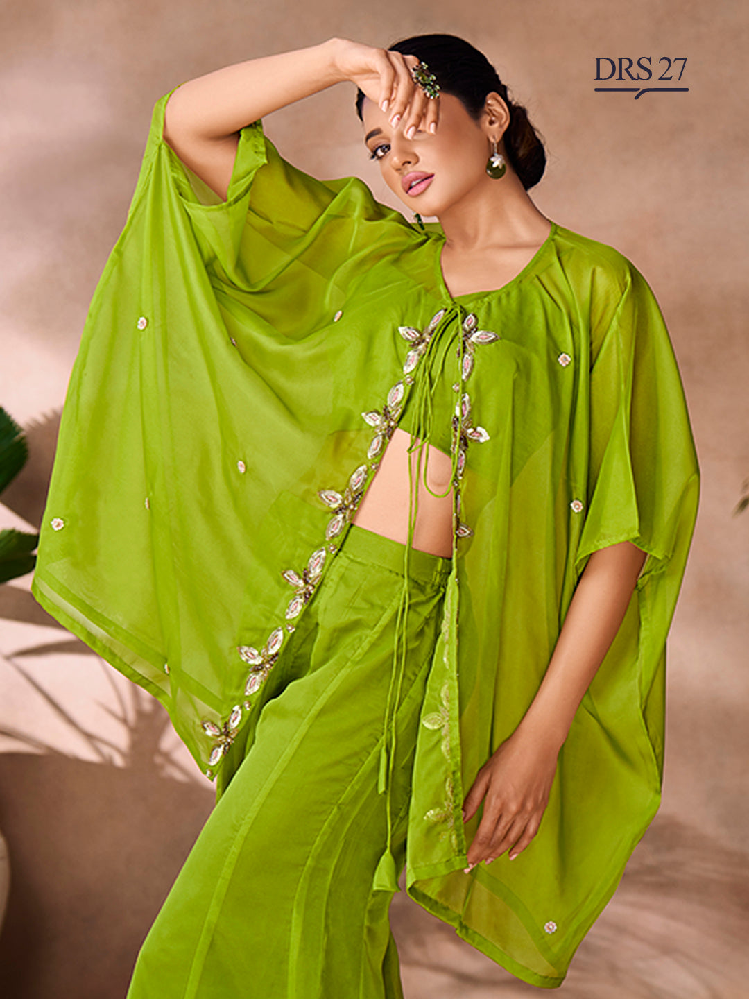 PARROT GREEN ORGANZA HANDWORK CO-ORD SET - qivii