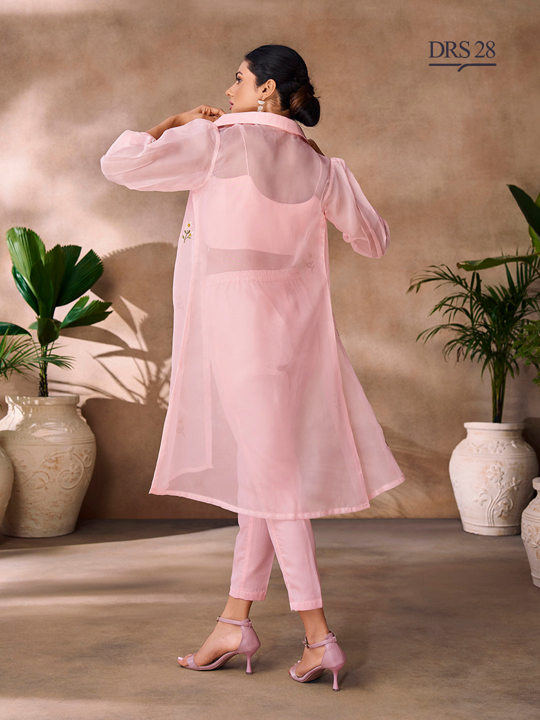 PEACH ORGANZA EMBROIDERY CO-ORD SET - qivii