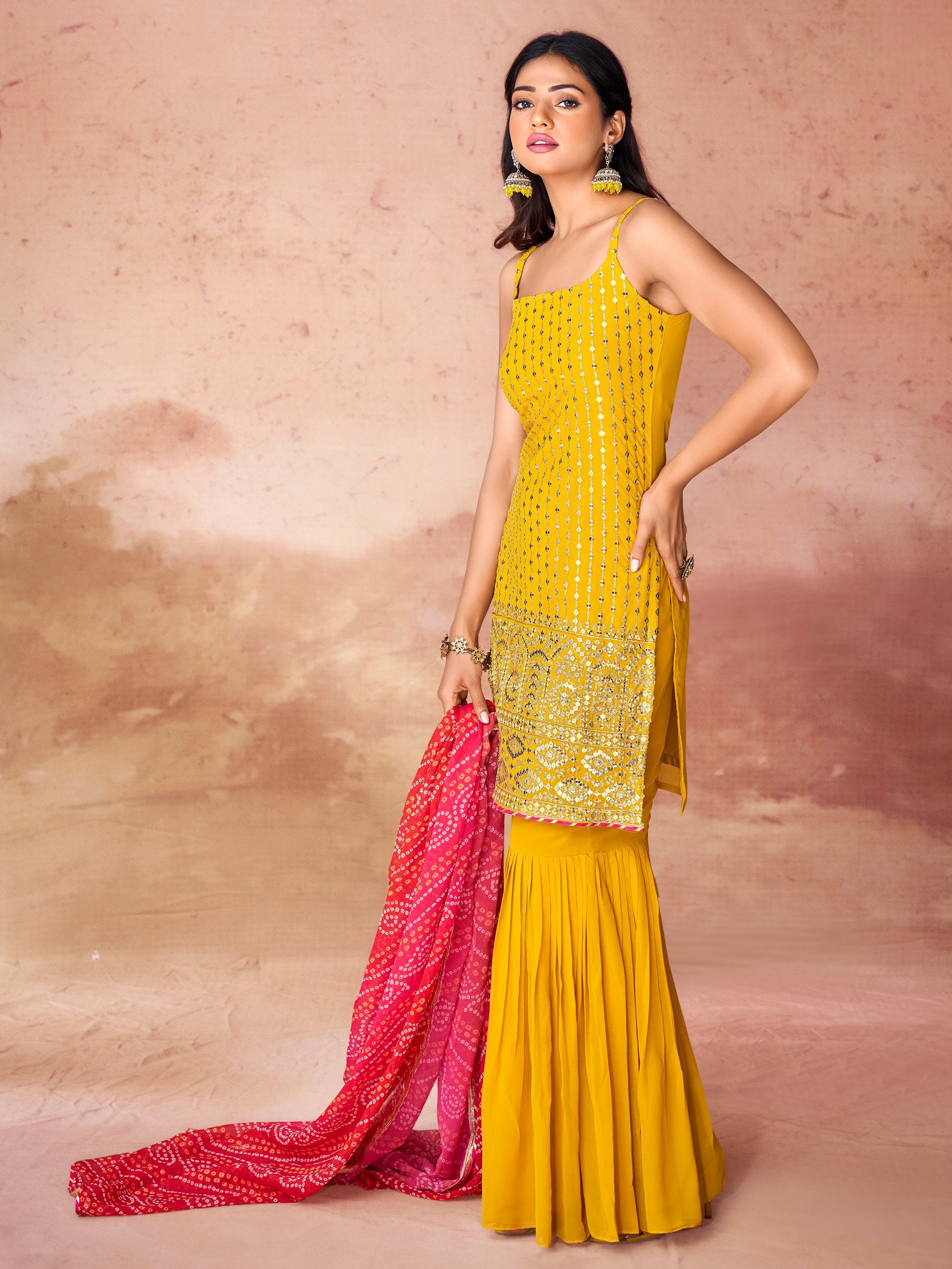 Red georgette dupatta with bandhani print work