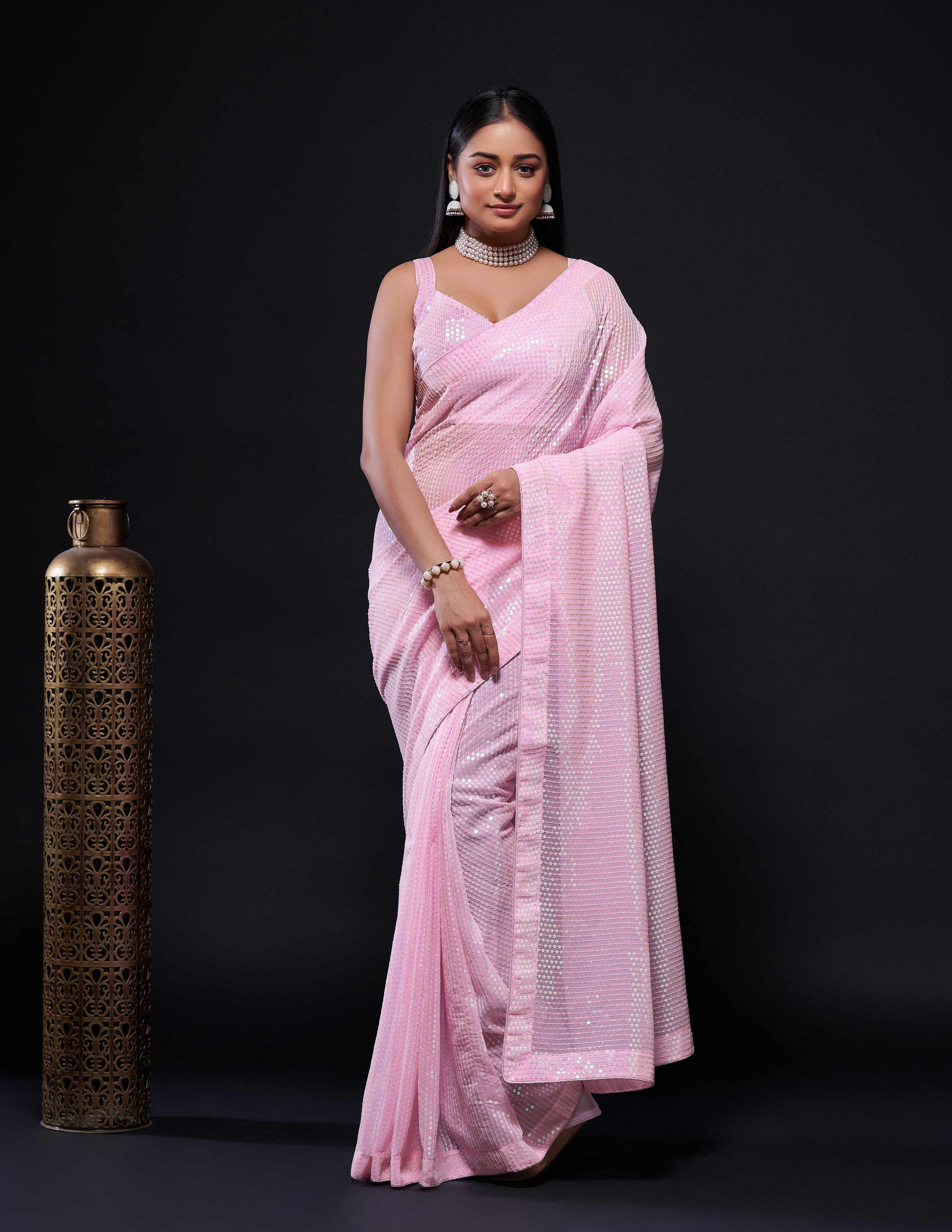 Pink Georget saree with rainbow sequnece work + piping border - qivii