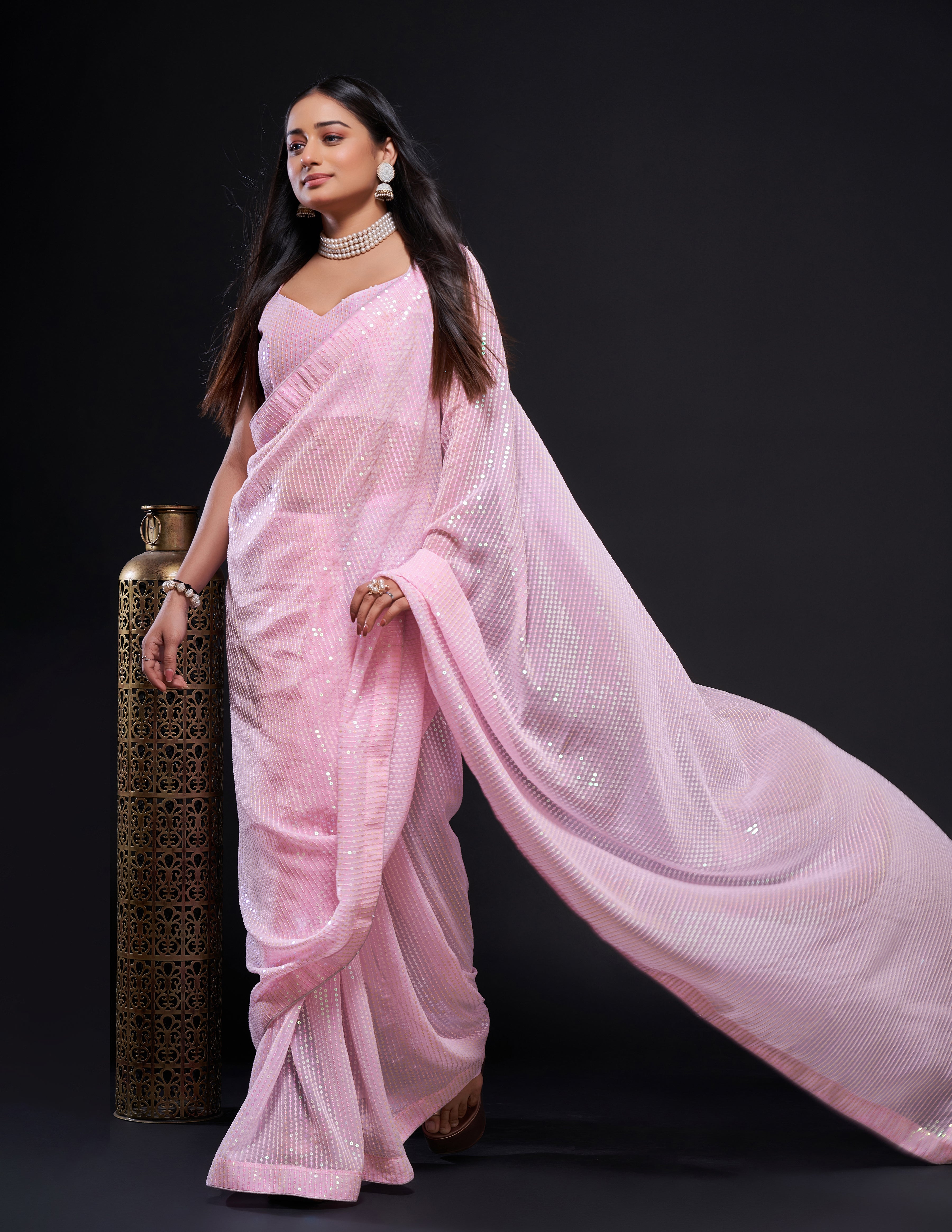 Pink Georget saree with rainbow sequnece work + piping border - qivii