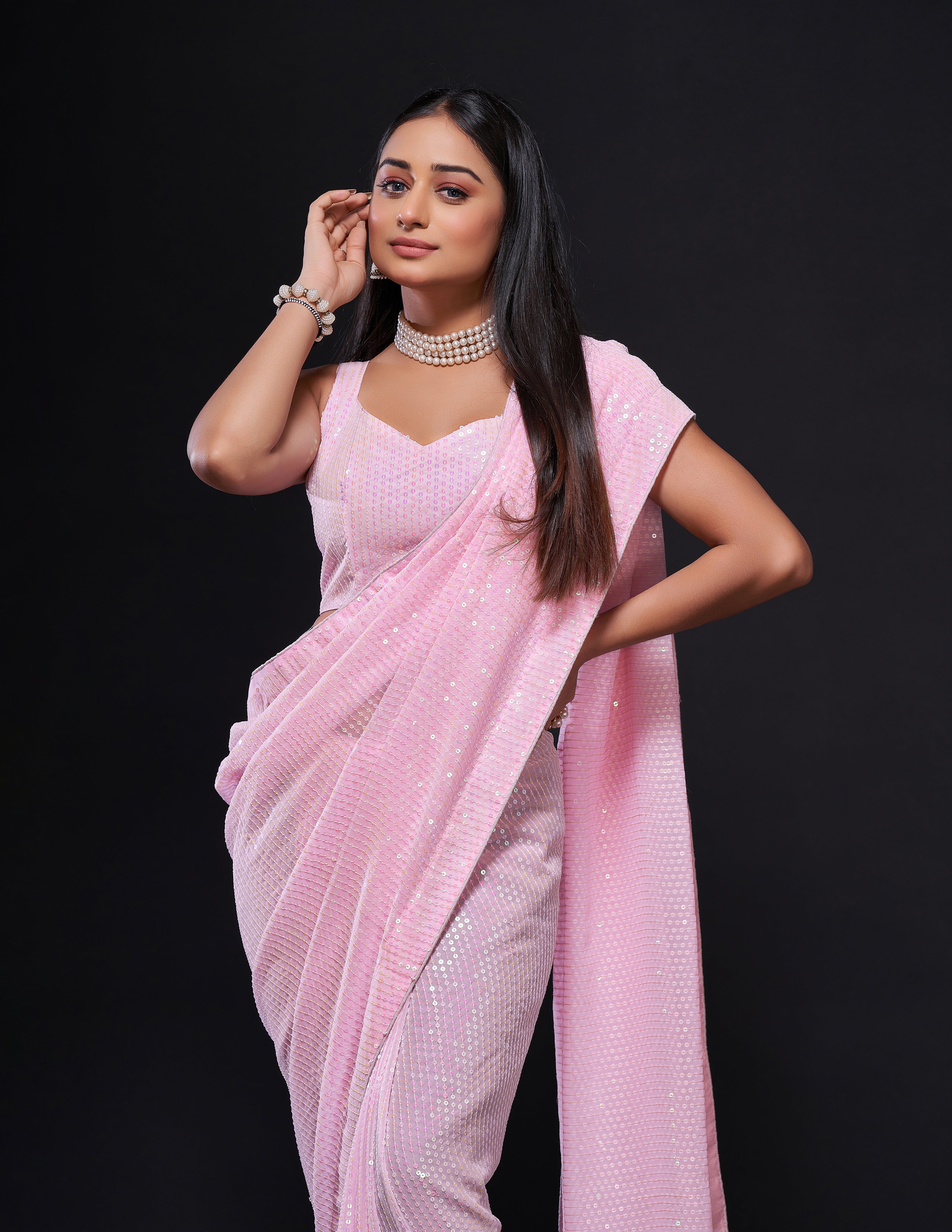 Pink Georget saree with rainbow sequnece work + piping border - qivii