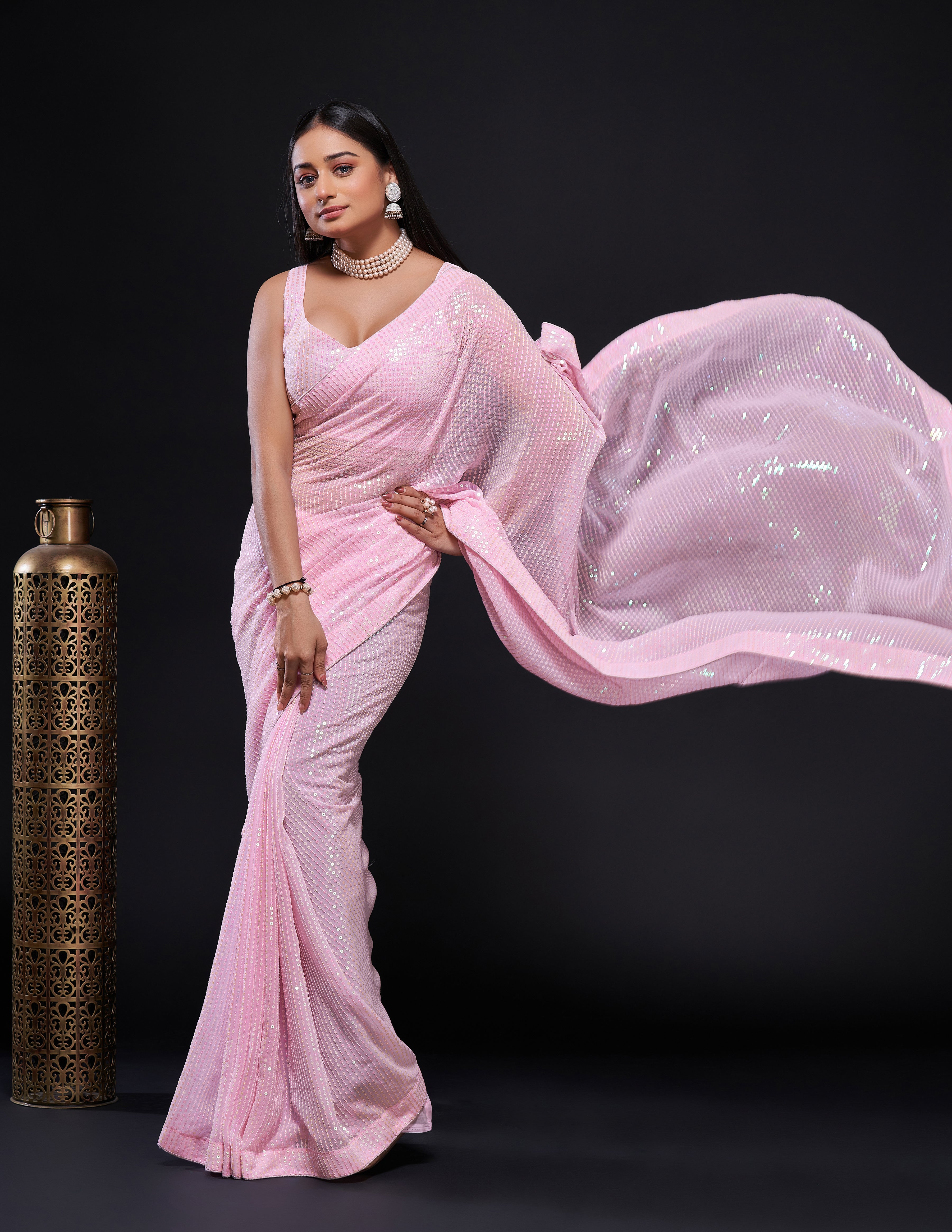 Pink Georget saree with rainbow sequnece work + piping border - qivii