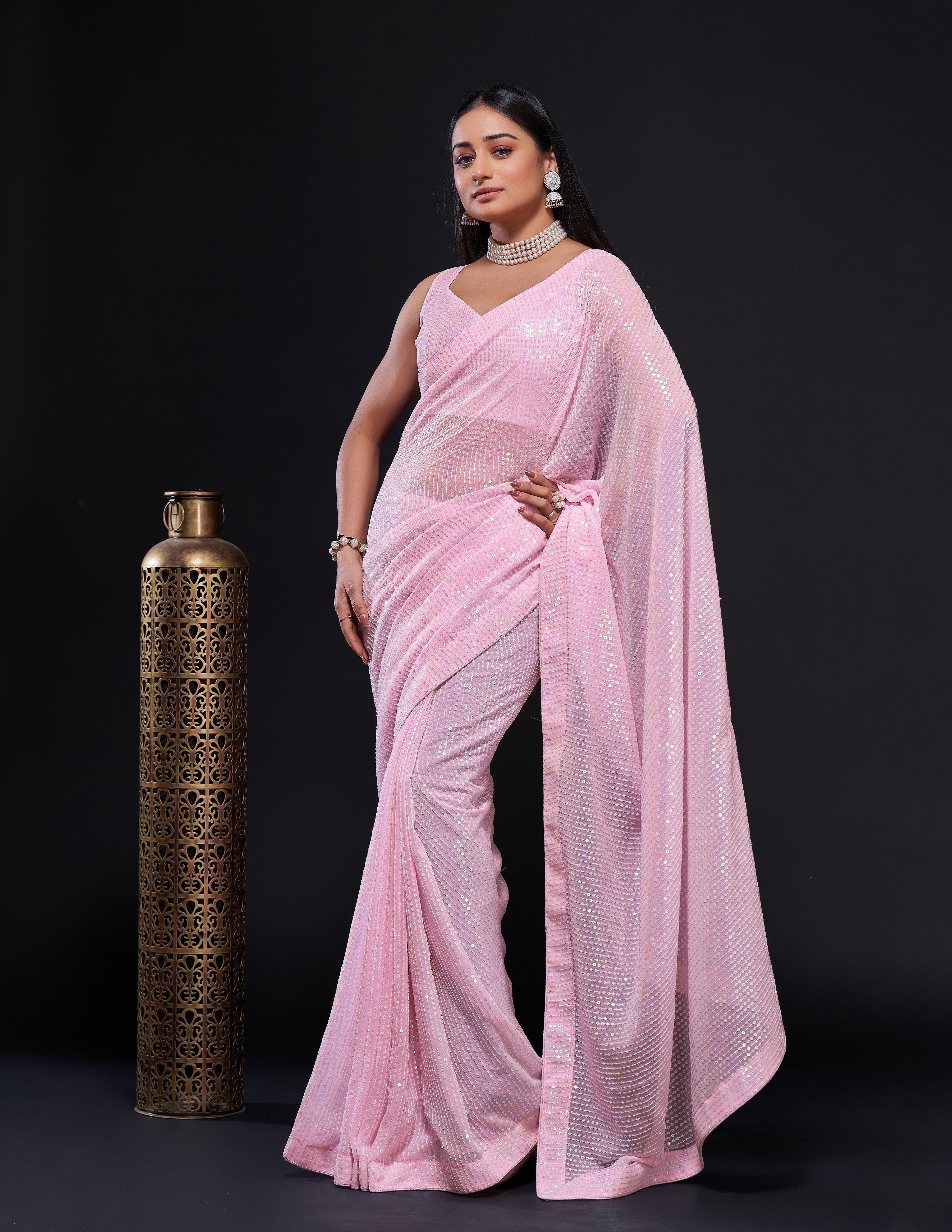 Pink Georget saree with rainbow sequnece work + piping border - qivii