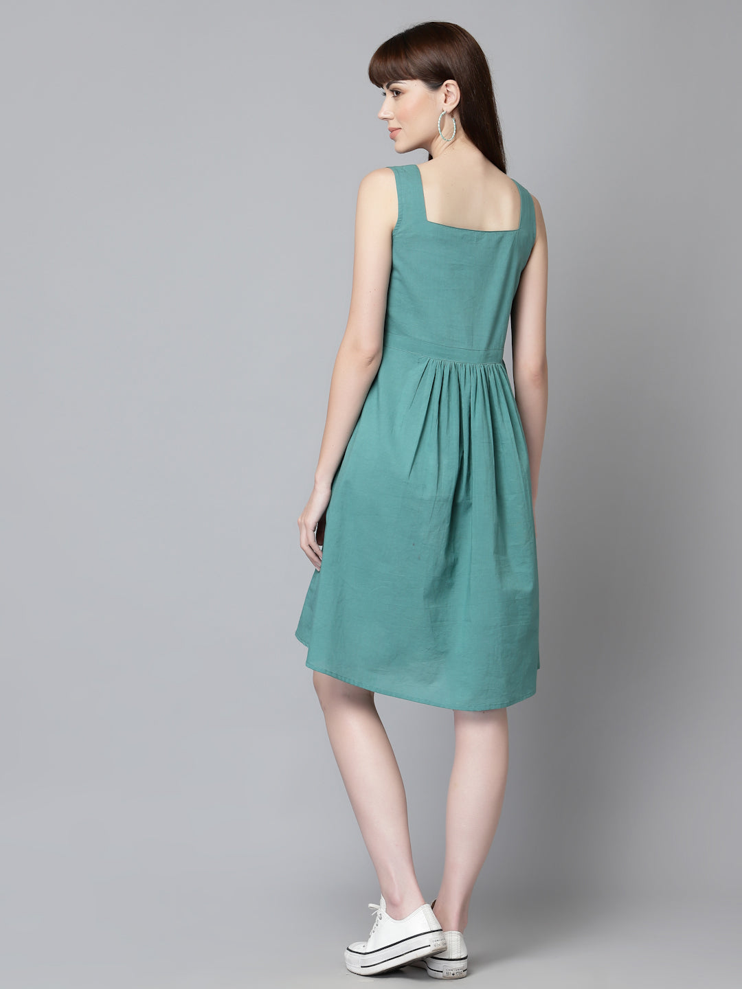 Blue Cotton Solid Gathered Dress - By Ragavi - qivii