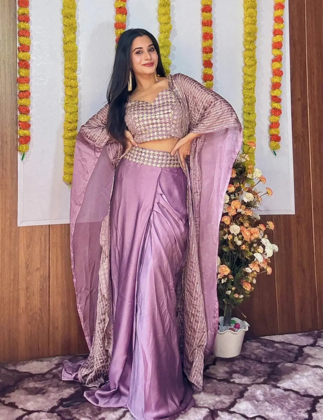 Lavender Kasturi Silk Indo Western Set With Sequence & Dori work | Ready To Wear - qivii