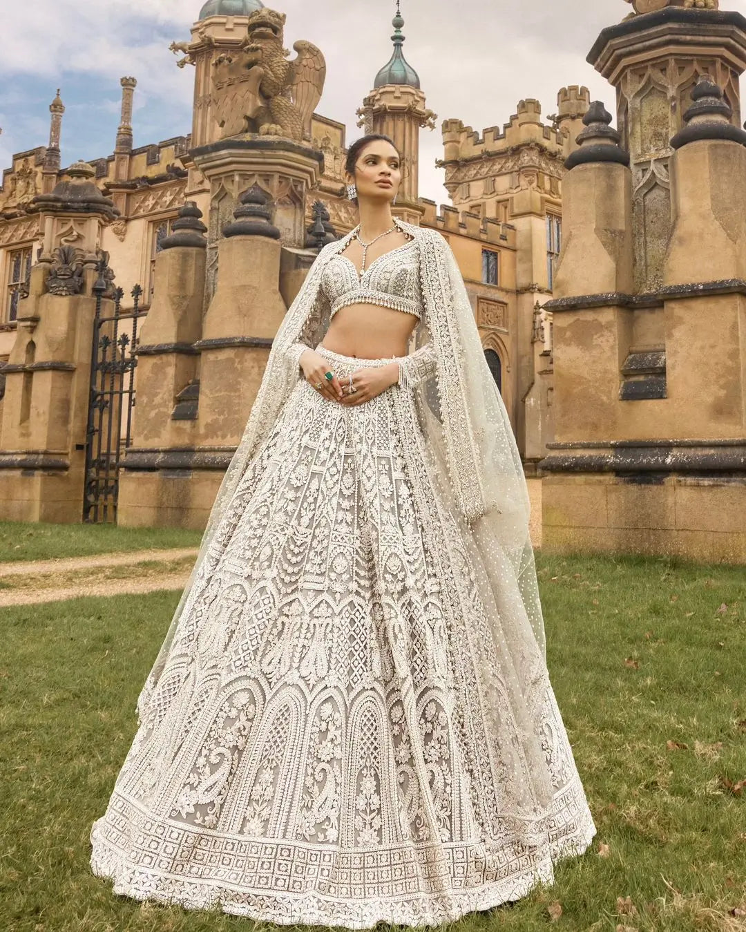 White Net Lehenga Choli With Thread, Sequence & Dori Work | Ready To Wear - qivii