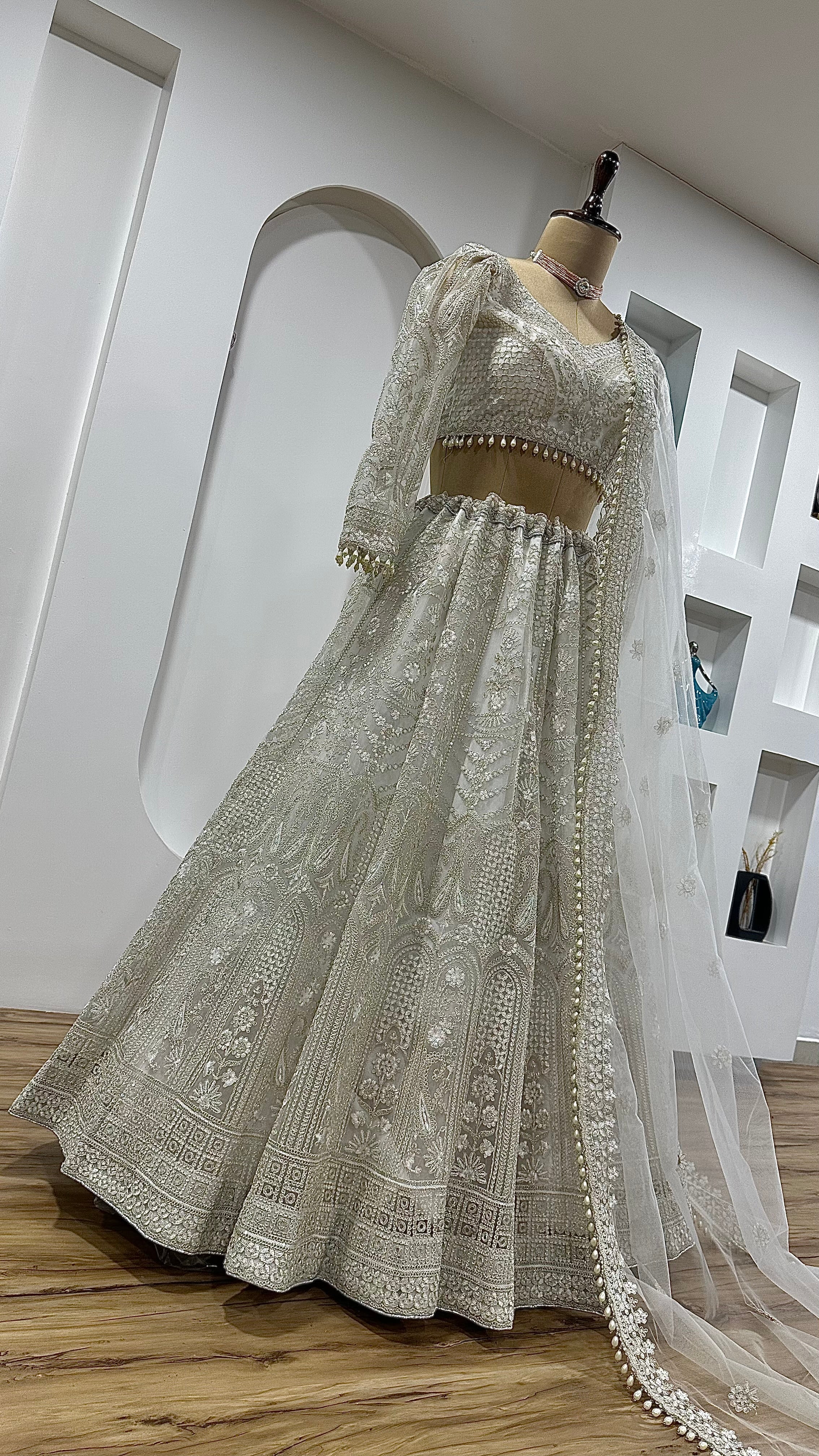 White Net lehenga with sequins , dori & thread work - INSPIRED | Ready To Wear - qivii