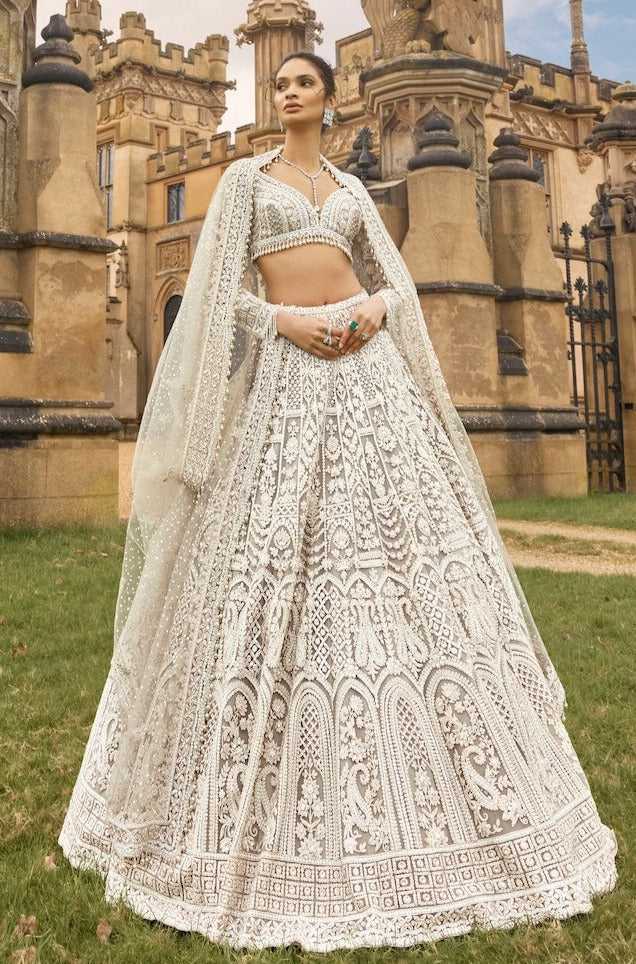 White Net lehenga with sequins , dori & thread work - INSPIRED | Ready To Wear - qivii