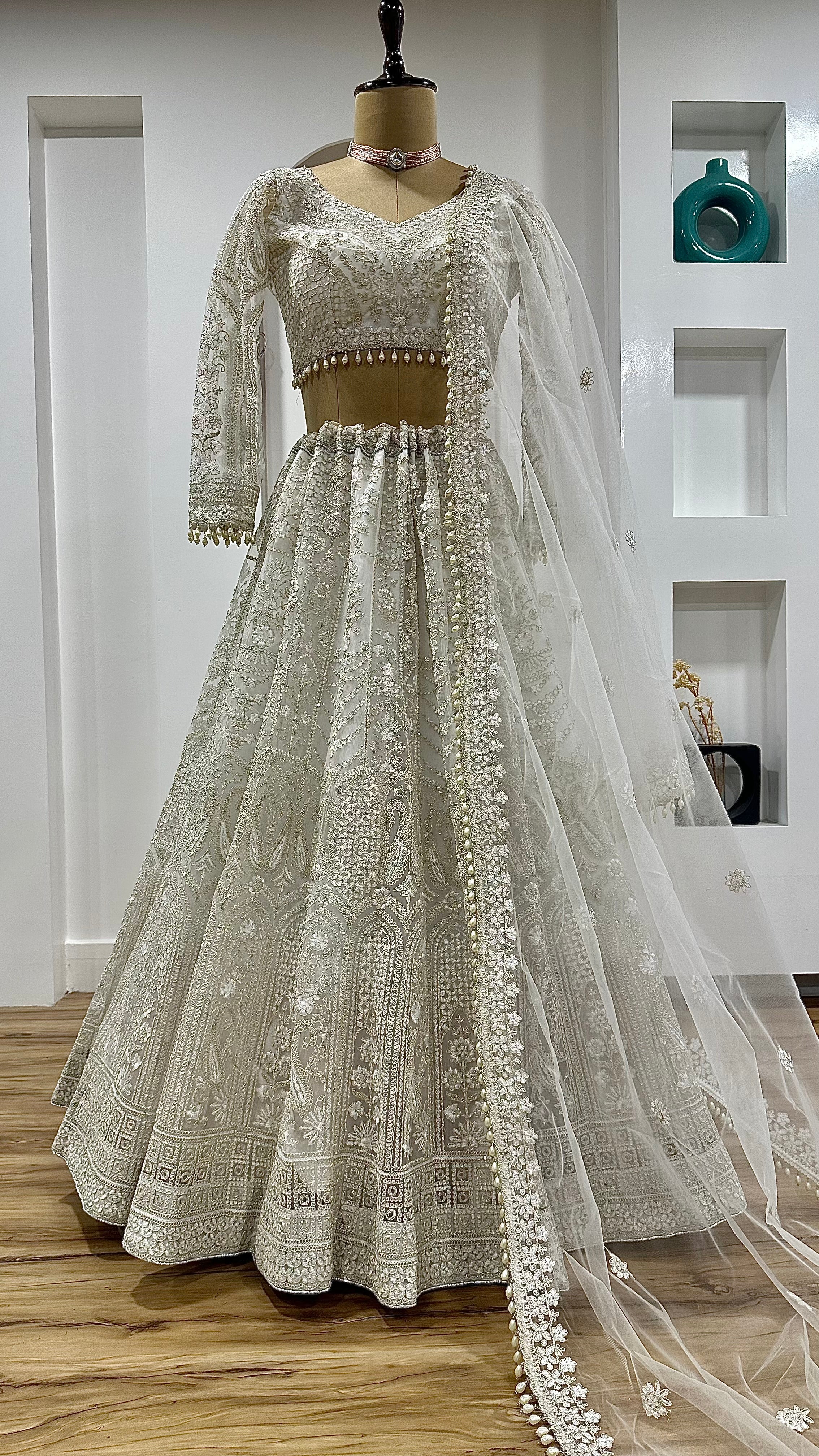 White Net lehenga with sequins , dori & thread work - INSPIRED | Ready To Wear - qivii