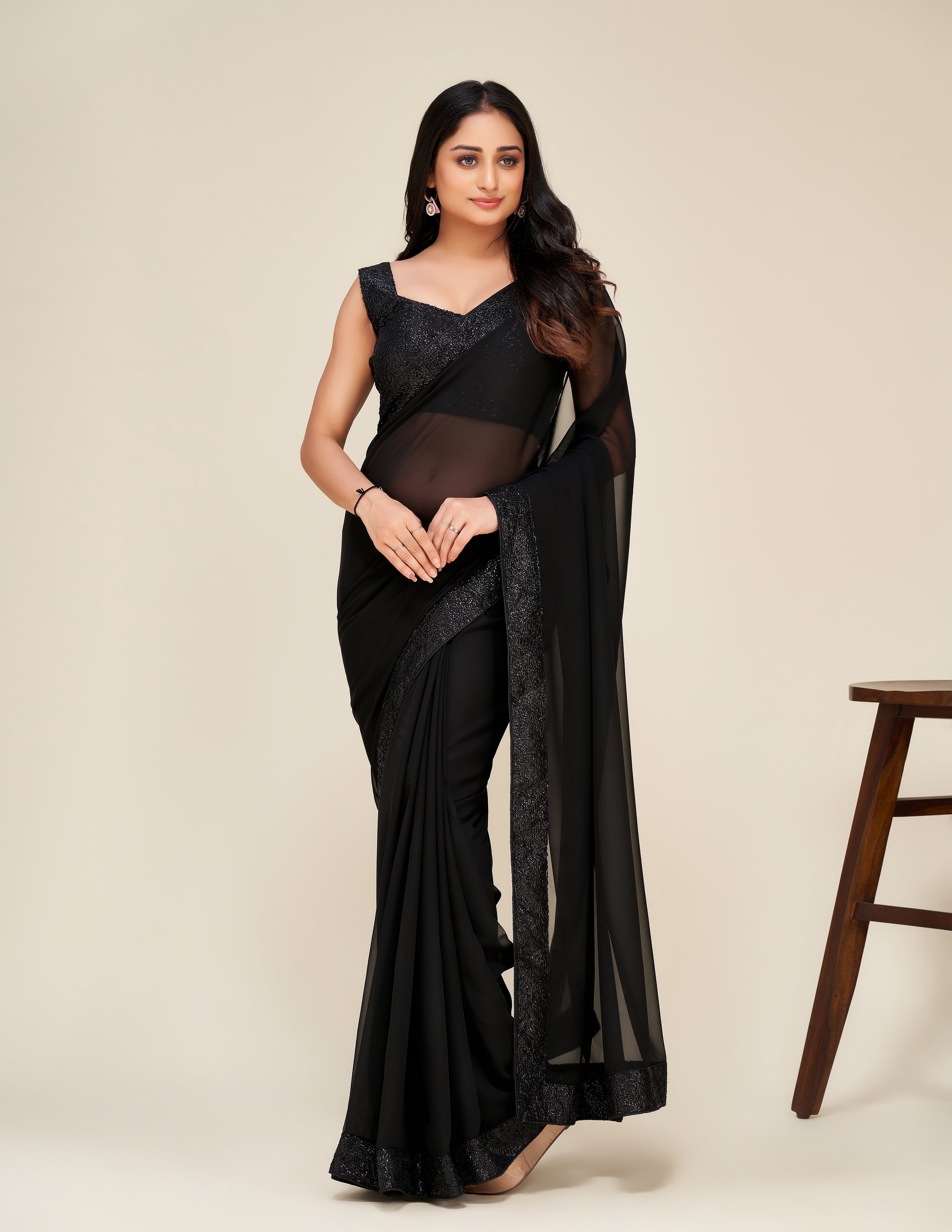 Black Georgette saree with sequins border work - qivii