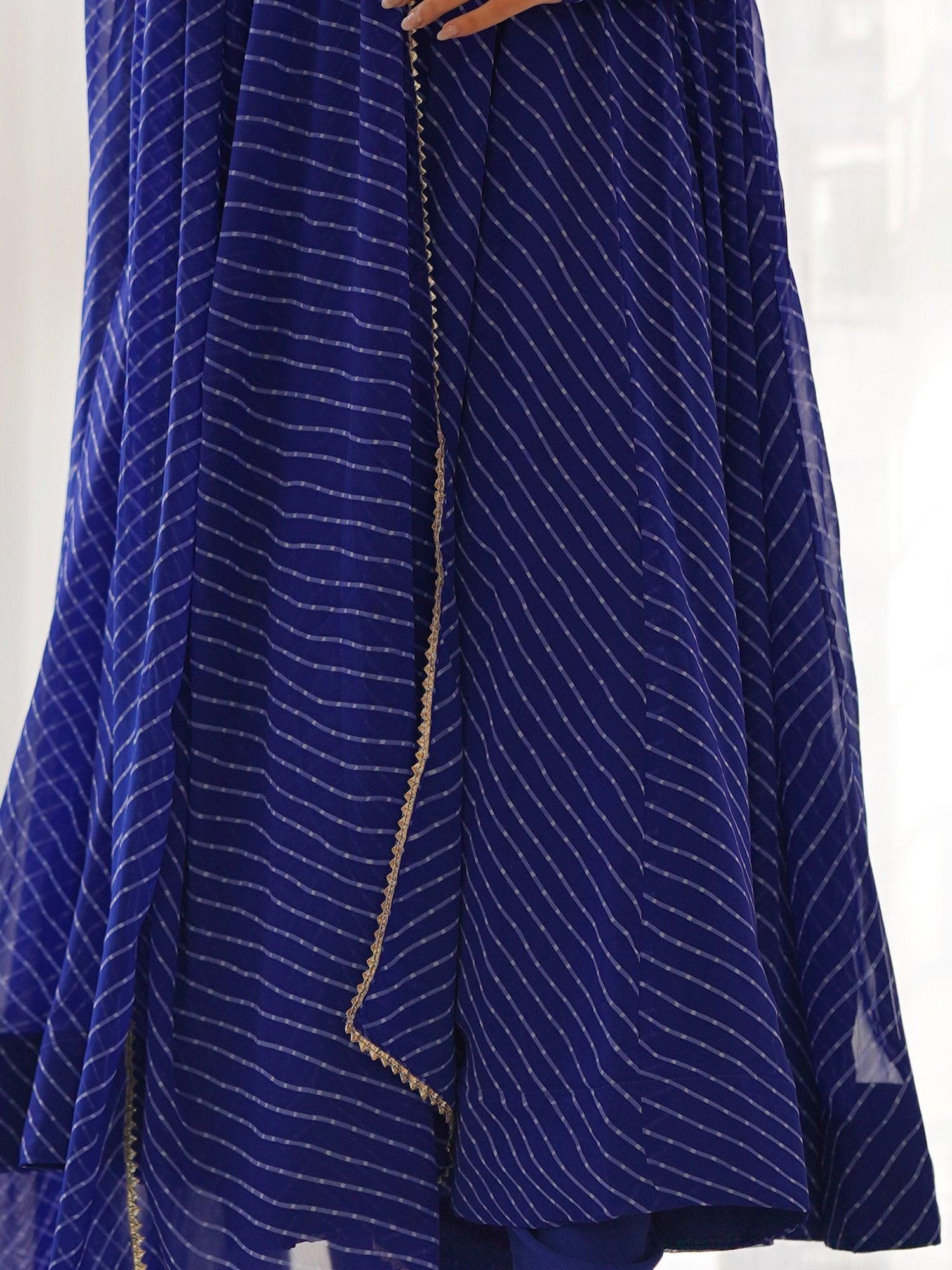 Enchanting Blue Laheriya Printed Georgette Event Wear Anarkali Suit with gold detailing and flowing silhouette