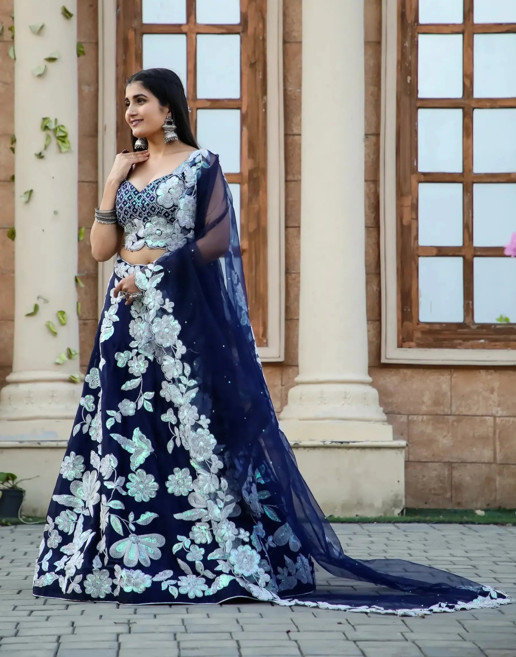 Navy Blue Kasturi Silk Lehenga Choli With Sequence & Dori Work | Ready To Wear - qivii