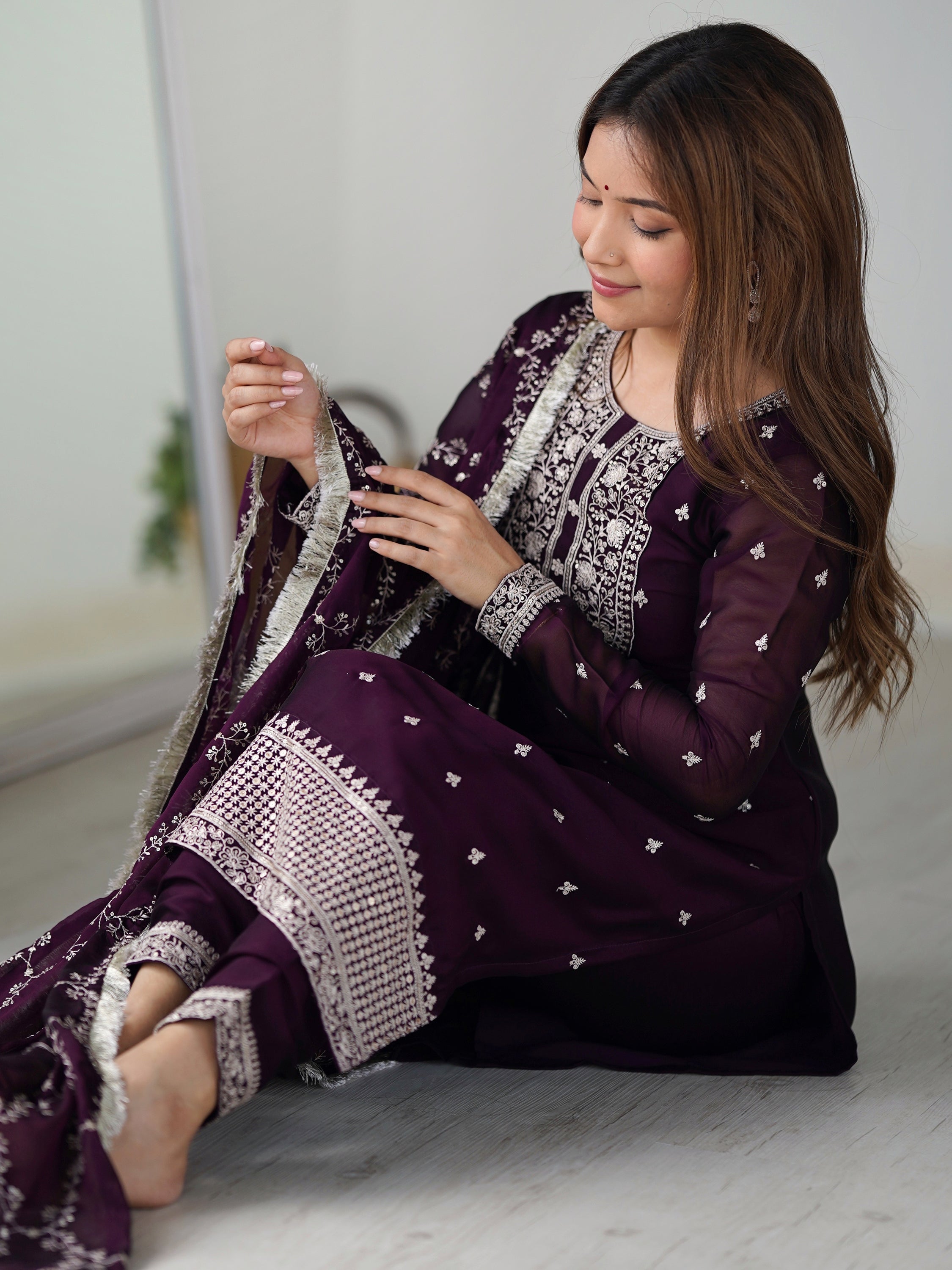 Wonderful purple embroidered silk pant suit with matching dupatta for women